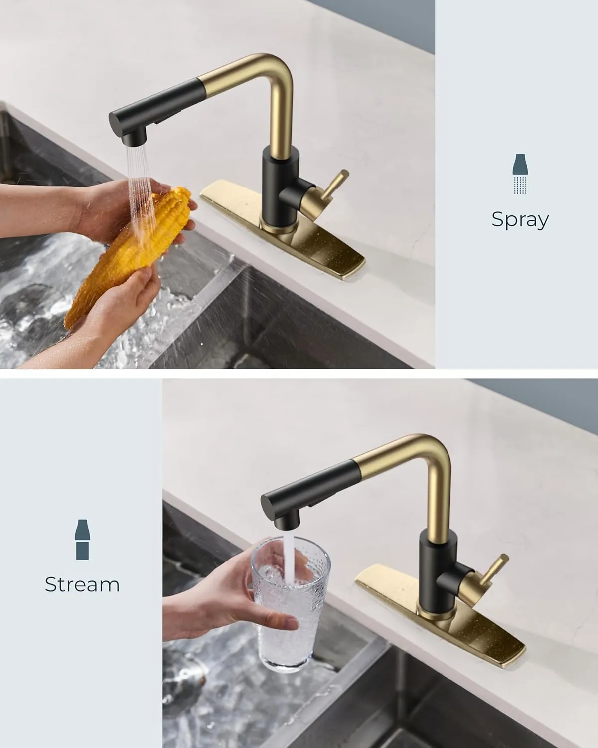 FORIOUS Kitchen Faucets Pull Down Sprayer Stainless Steel, Single Handle Classic Pull Out Sink Faucet with Deck Plate for 1 or 3 Holes, Suitable for Bar RV Farhouse Laundry, Black Gold