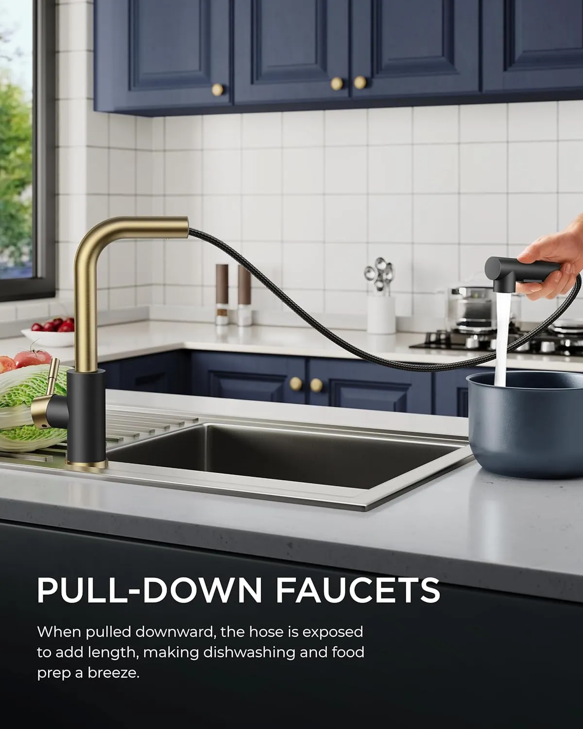 FORIOUS Kitchen Faucets Pull Down Sprayer Stainless Steel, Single Handle Classic Pull Out Sink Faucet with Deck Plate for 1 or 3 Holes, Suitable for Bar RV Farhouse Laundry, Black Gold