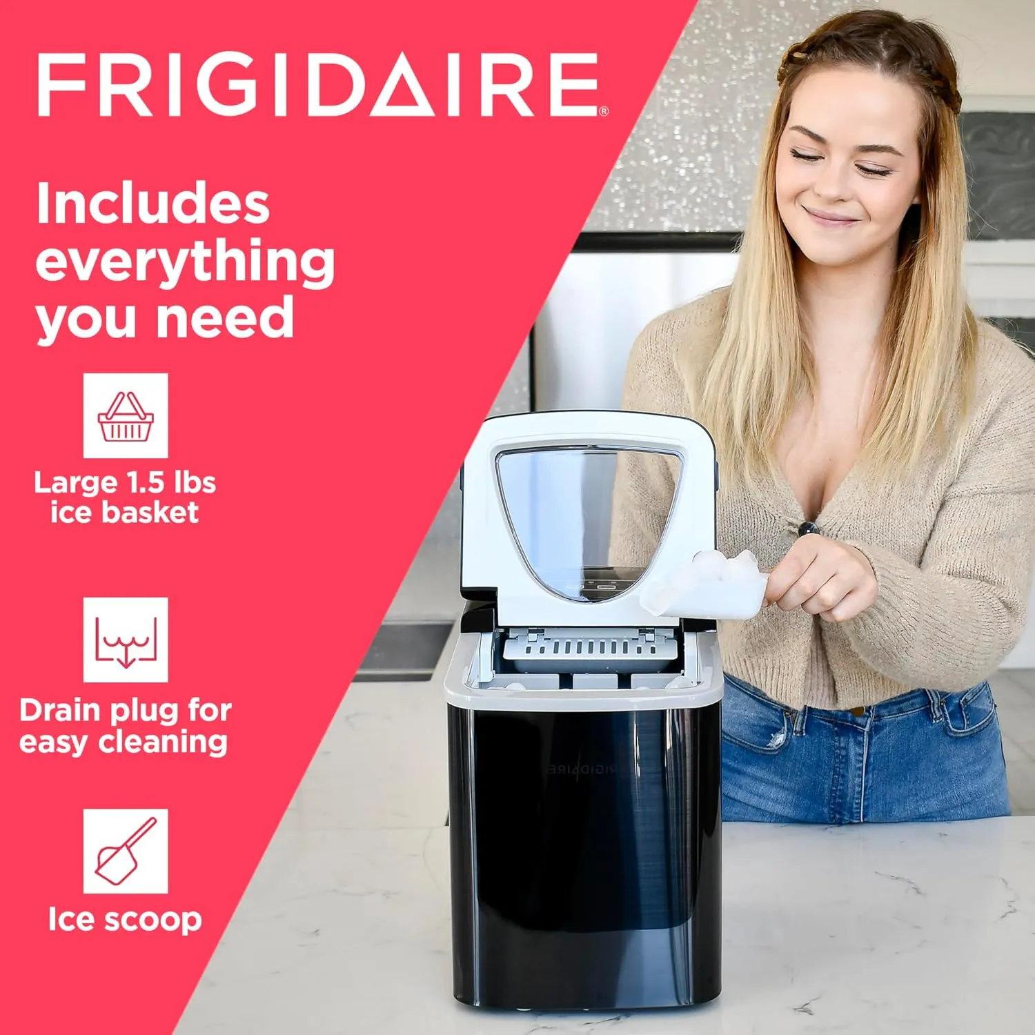 Frigidaire EFIC123-SSBLACK Compact Countertop Ice Maker, 26lbs of Ice per Day, Black Stainless