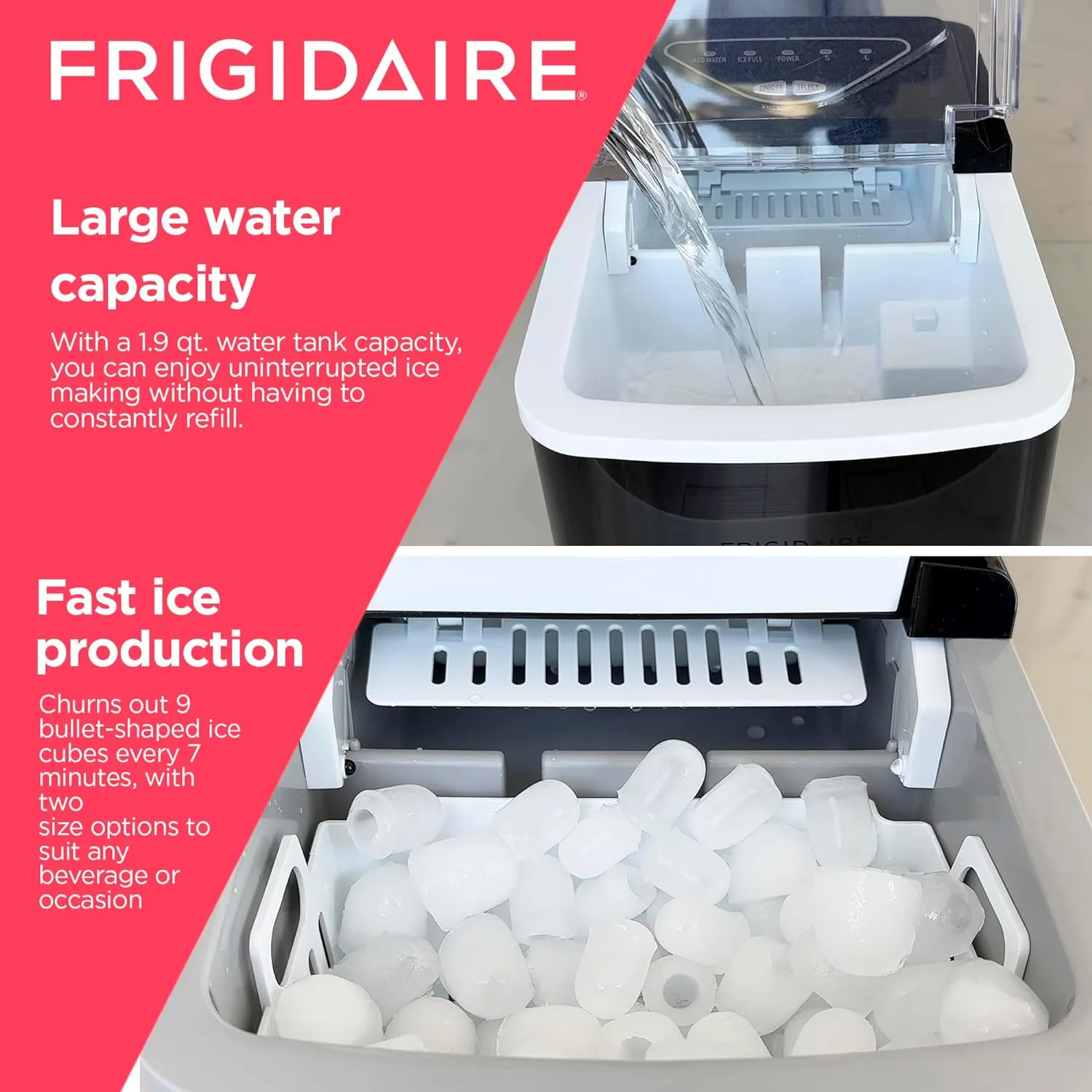 Frigidaire EFIC123-SSBLACK Compact Countertop Ice Maker, 26lbs of Ice per Day, Black Stainless