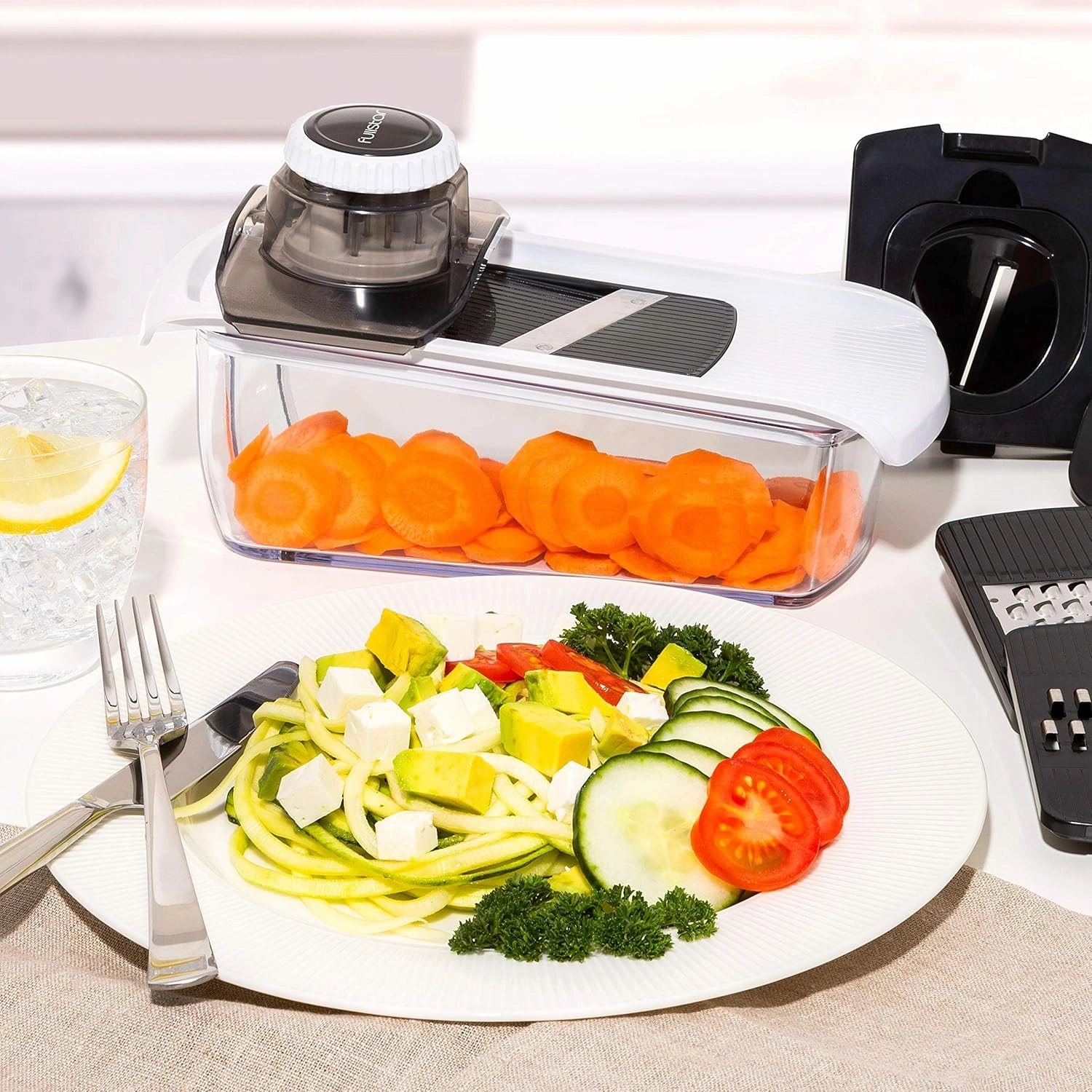 Fullstar Mandoline Slicer for Kitchen, Fruit Cutter, Cheese Grater, Cucumber Slicer, Veggie Spiralizer, Food Cutter & Kitchen Gadgets with Safety Glove (6 in 1, White)