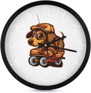 Funny Dachshund On Skateboard Wall Clock 10 Inch Silent Non-ticking Battery Operated Decorative Clock for Kitchen Bedroom