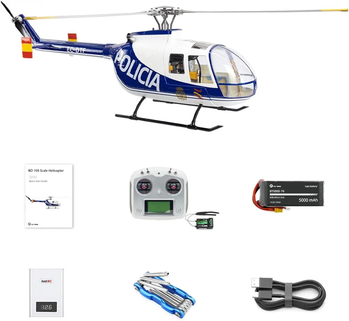 FunXylophy RC Helicopter for Adult, Fly Wing BO105 470 Size 2.4G 6CH Military RC Helicopter Model with GPS Smart System and Four Flight Modes, Adjustable Left-Right Handed Controls (RTF Version)