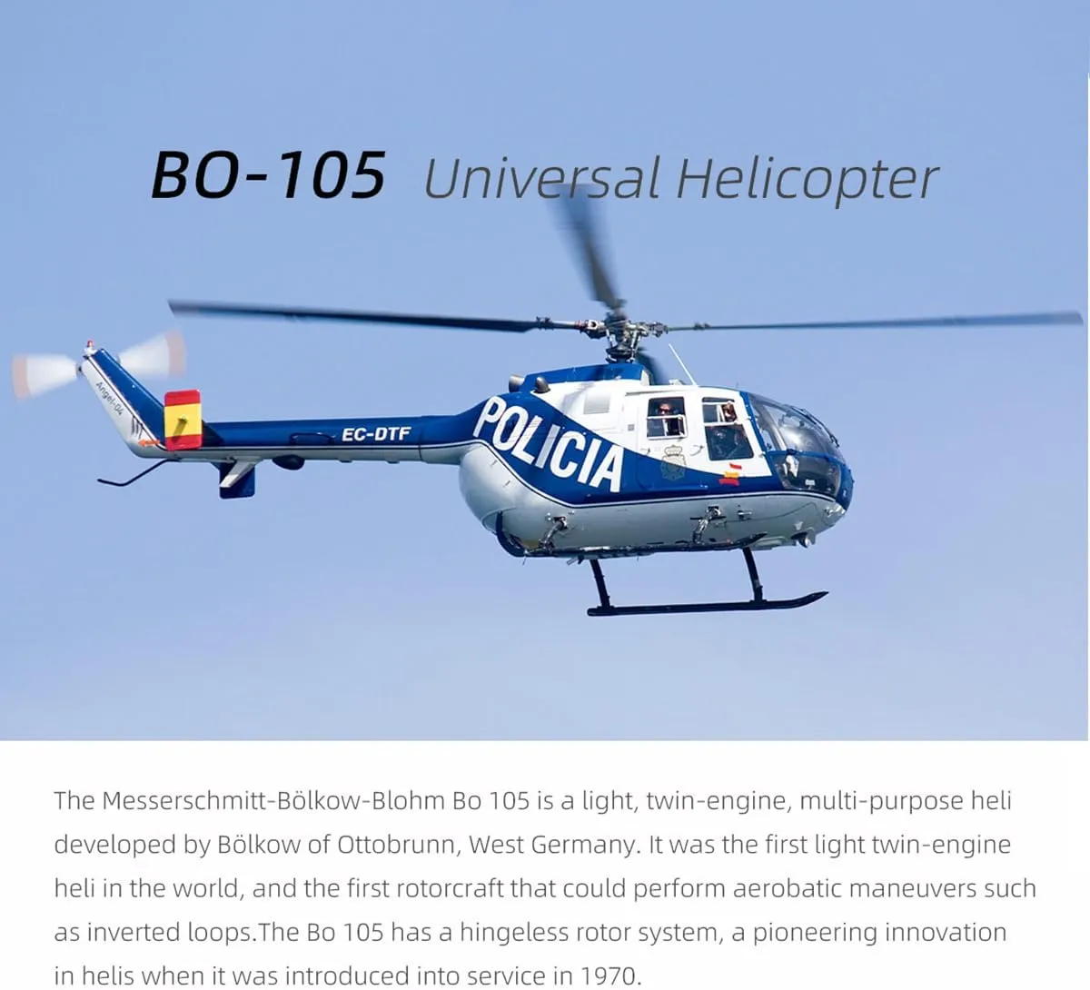 FunXylophy RC Helicopter for Adult, Fly Wing BO105 470 Size 2.4G 6CH Military RC Helicopter Model with GPS Smart System and Four Flight Modes, Adjustable Left-Right Handed Controls (RTF Version)