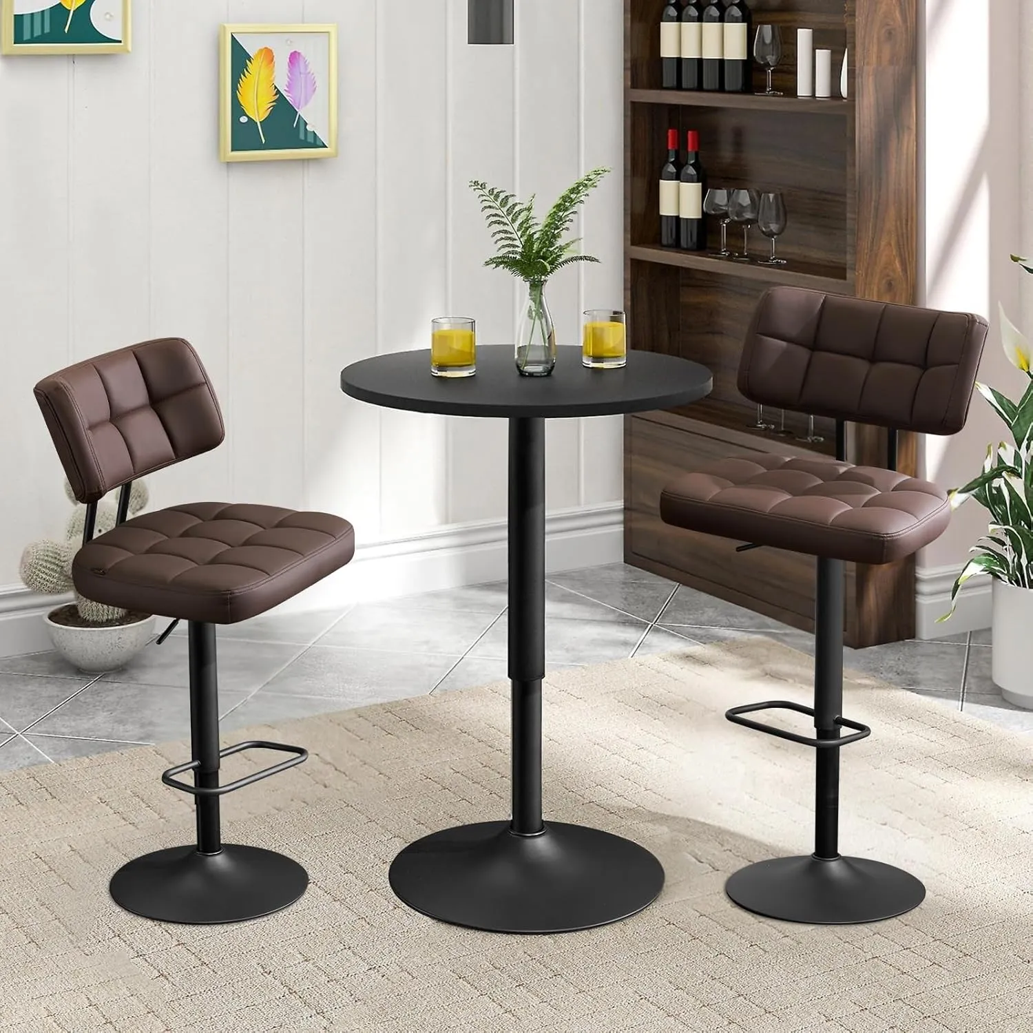 Furniliving Upholstered Bar Stools Set of 2, Faux Leather Swivel Bar Stools with Back, Adjustable Counter Height Barstools for Kitchen Island, Dining Space, Brown