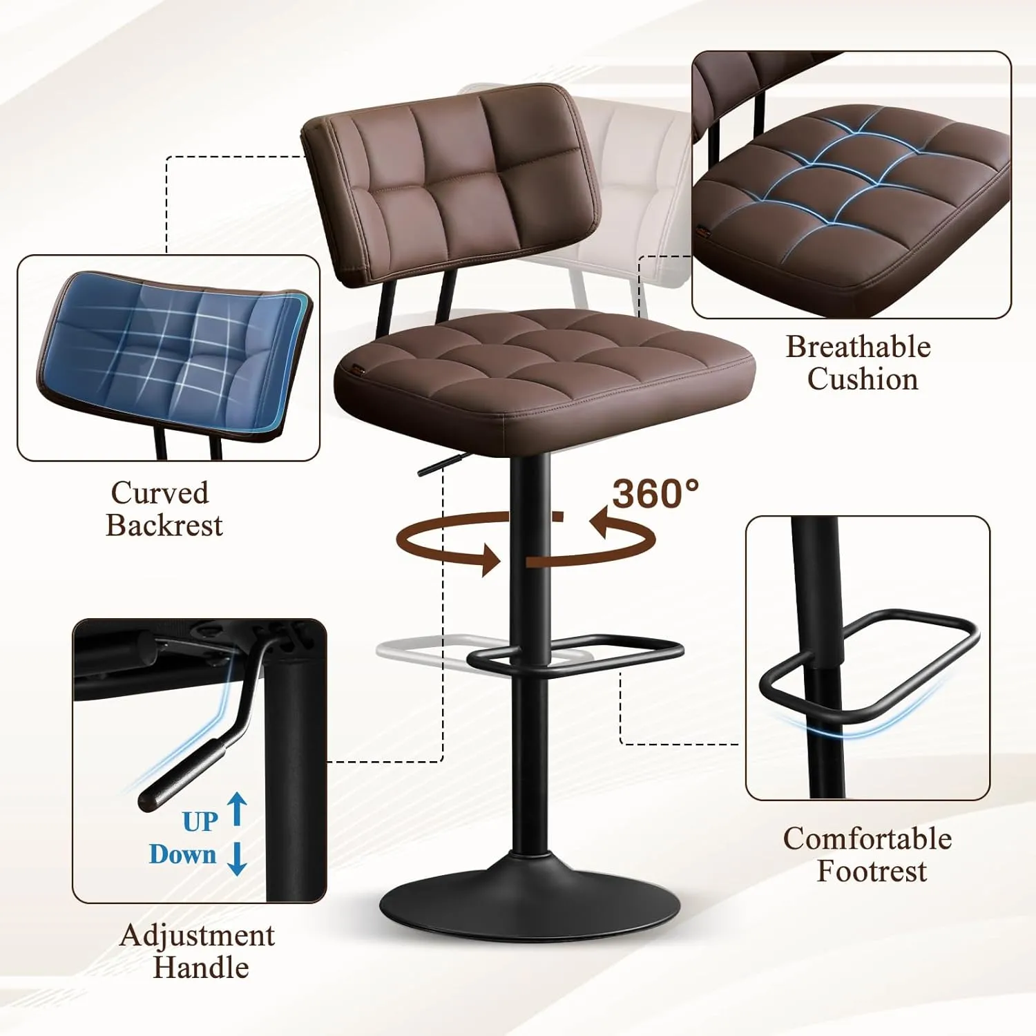 Furniliving Upholstered Bar Stools Set of 2, Faux Leather Swivel Bar Stools with Back, Adjustable Counter Height Barstools for Kitchen Island, Dining Space, Brown