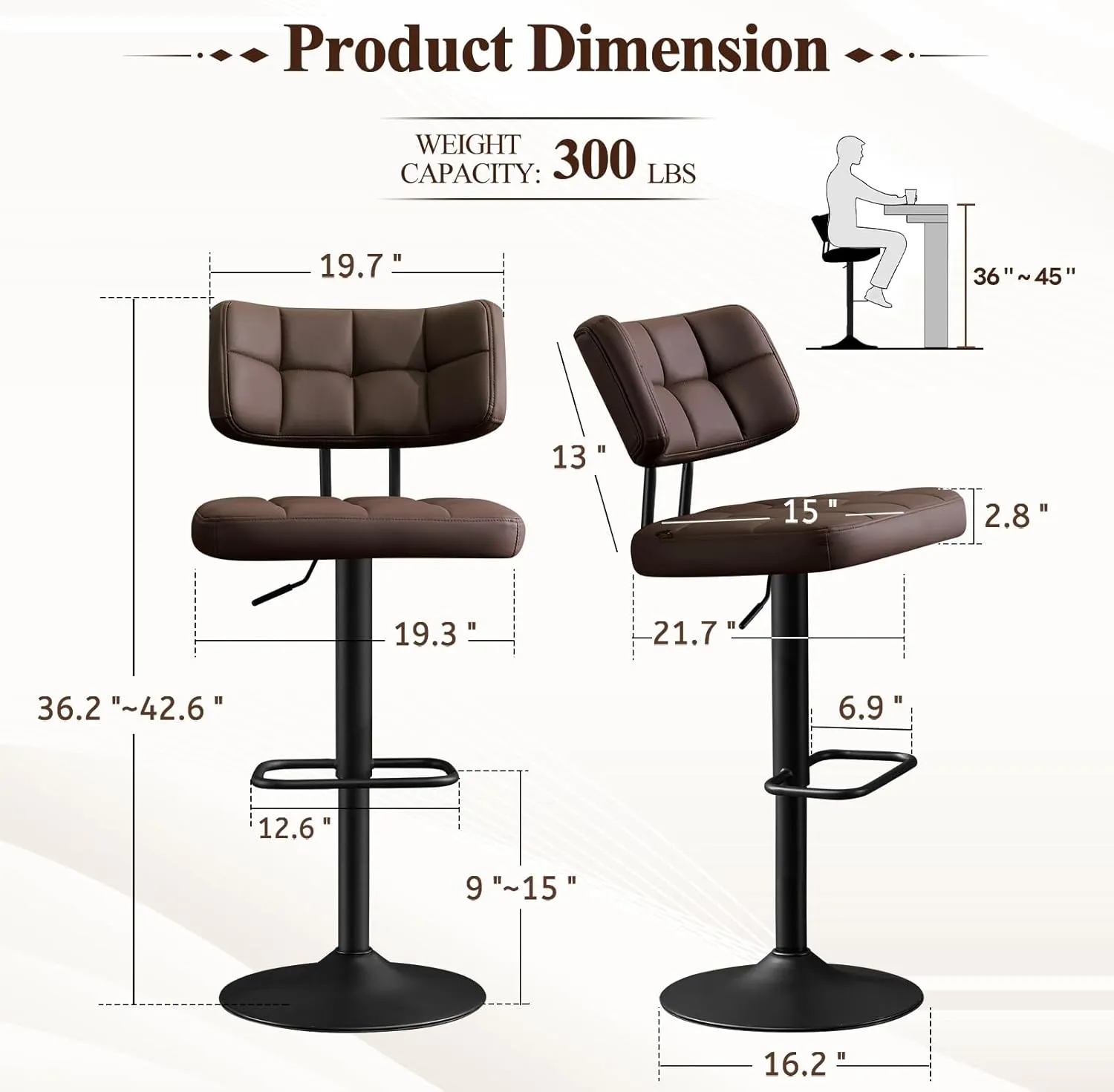 Furniliving Upholstered Bar Stools Set of 2, Faux Leather Swivel Bar Stools with Back, Adjustable Counter Height Barstools for Kitchen Island, Dining Space, Brown