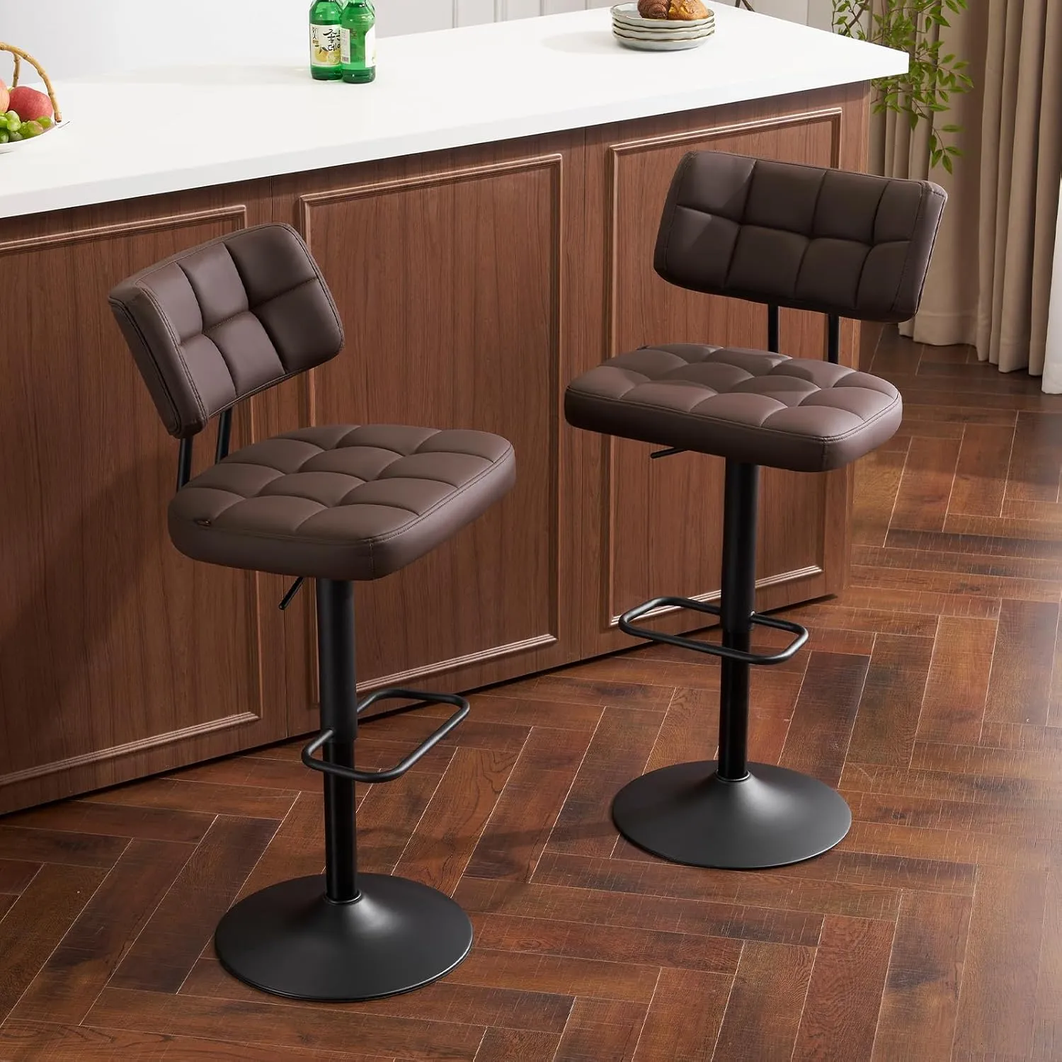 Furniliving Upholstered Bar Stools Set of 2, Faux Leather Swivel Bar Stools with Back, Adjustable Counter Height Barstools for Kitchen Island, Dining Space, Brown