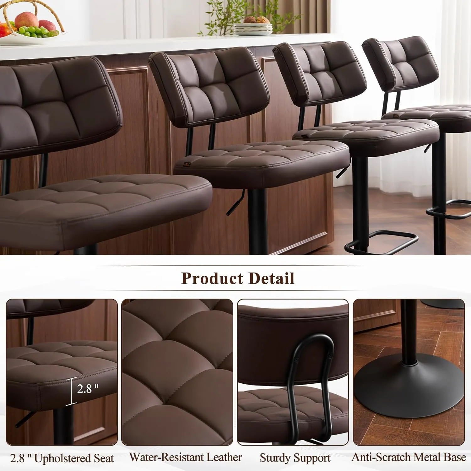 Furniliving Upholstered Bar Stools Set of 2, Faux Leather Swivel Bar Stools with Back, Adjustable Counter Height Barstools for Kitchen Island, Dining Space, Brown