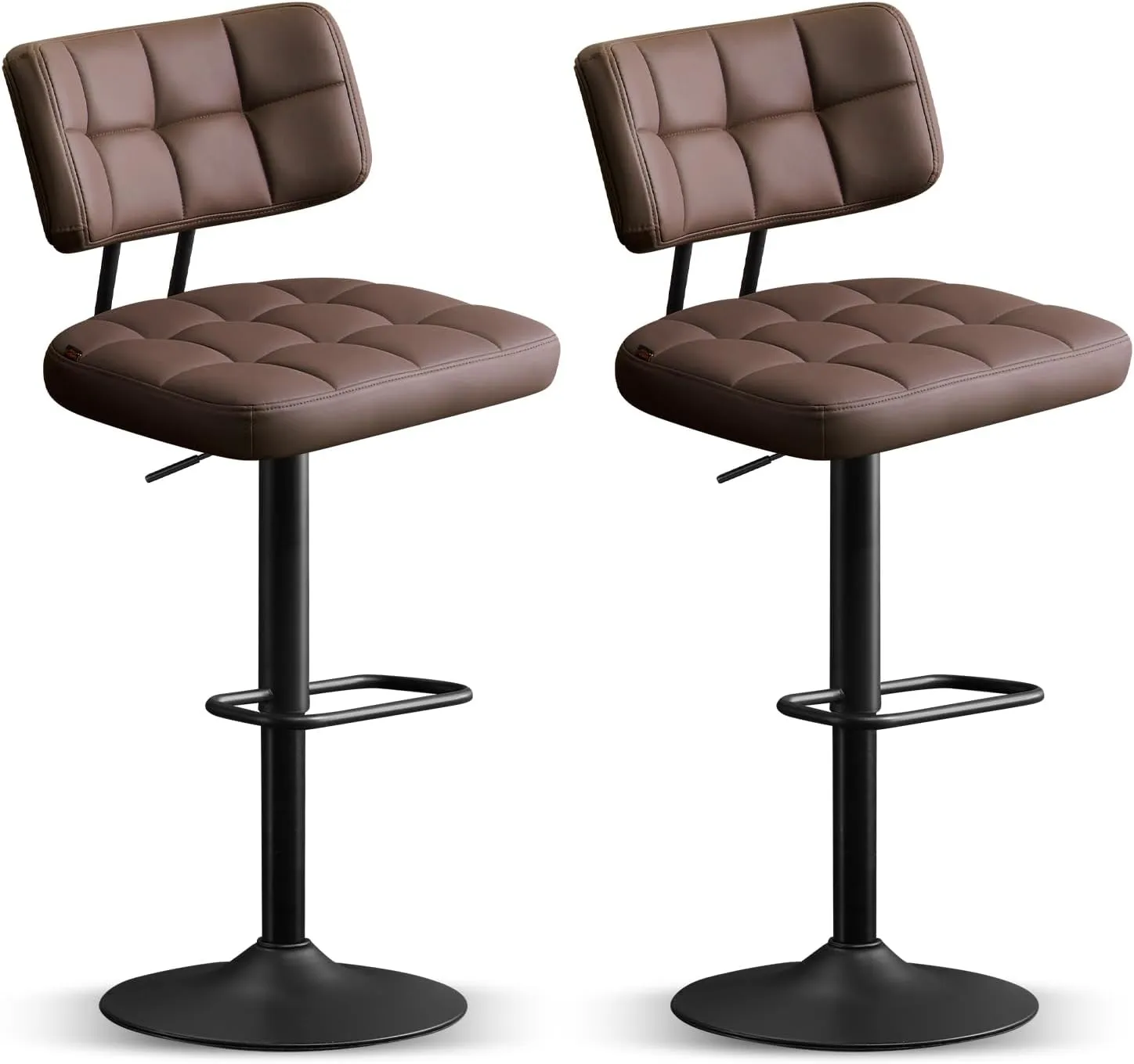 Furniliving Upholstered Bar Stools Set of 2, Faux Leather Swivel Bar Stools with Back, Adjustable Counter Height Barstools for Kitchen Island, Dining Space, Brown
