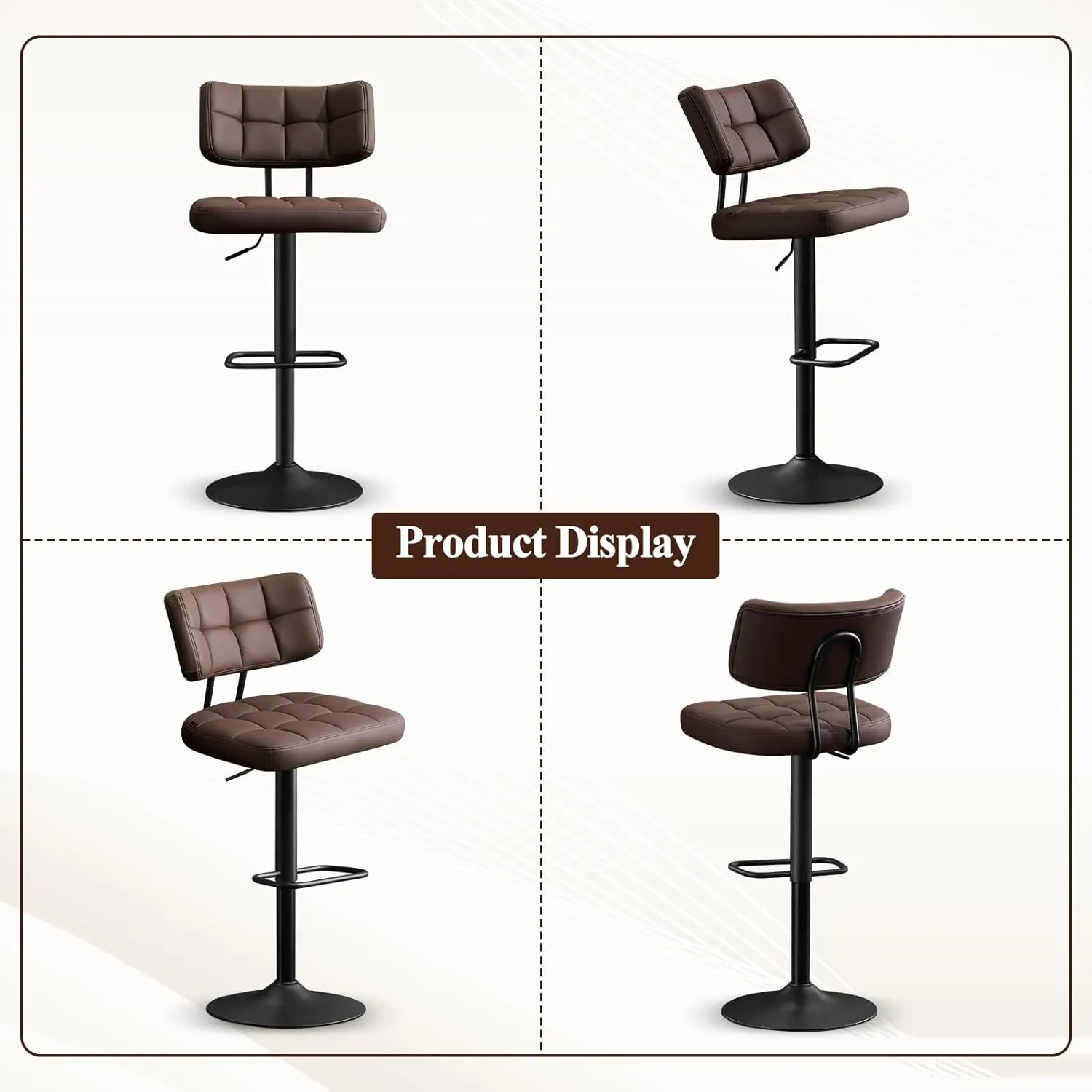 Furniliving Upholstered Bar Stools Set of 2, Faux Leather Swivel Bar Stools with Back, Adjustable Counter Height Barstools for Kitchen Island, Dining Space, Brown