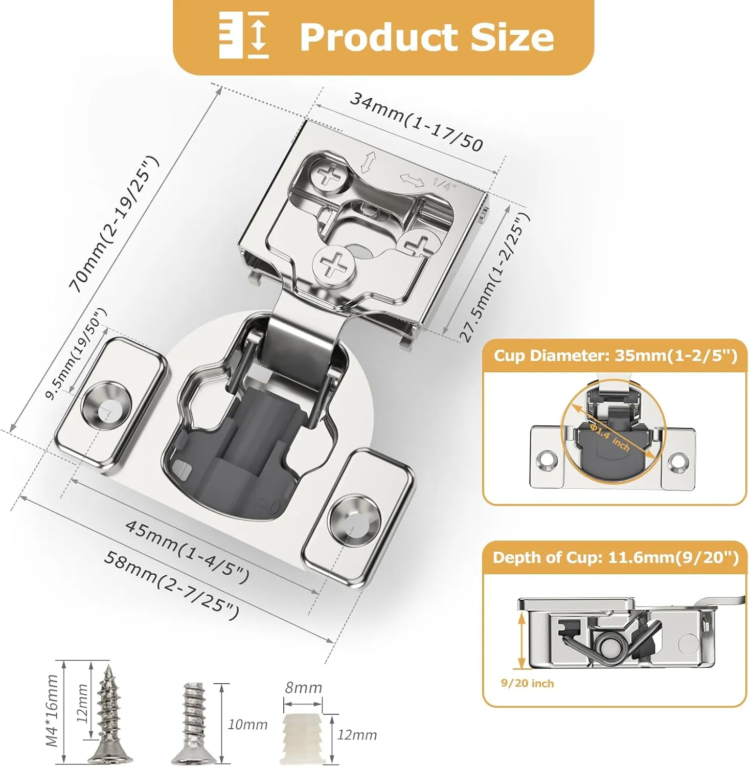 Furniware 20 Pieces 1/4" Small Overlay Concealed Face Frame Hinges, 105° Open Angle 4 Level Soft Close Screw On Compact Cabinet Hinge,for Face Frame Door, Soft Close On/Off Switch, Self Closing