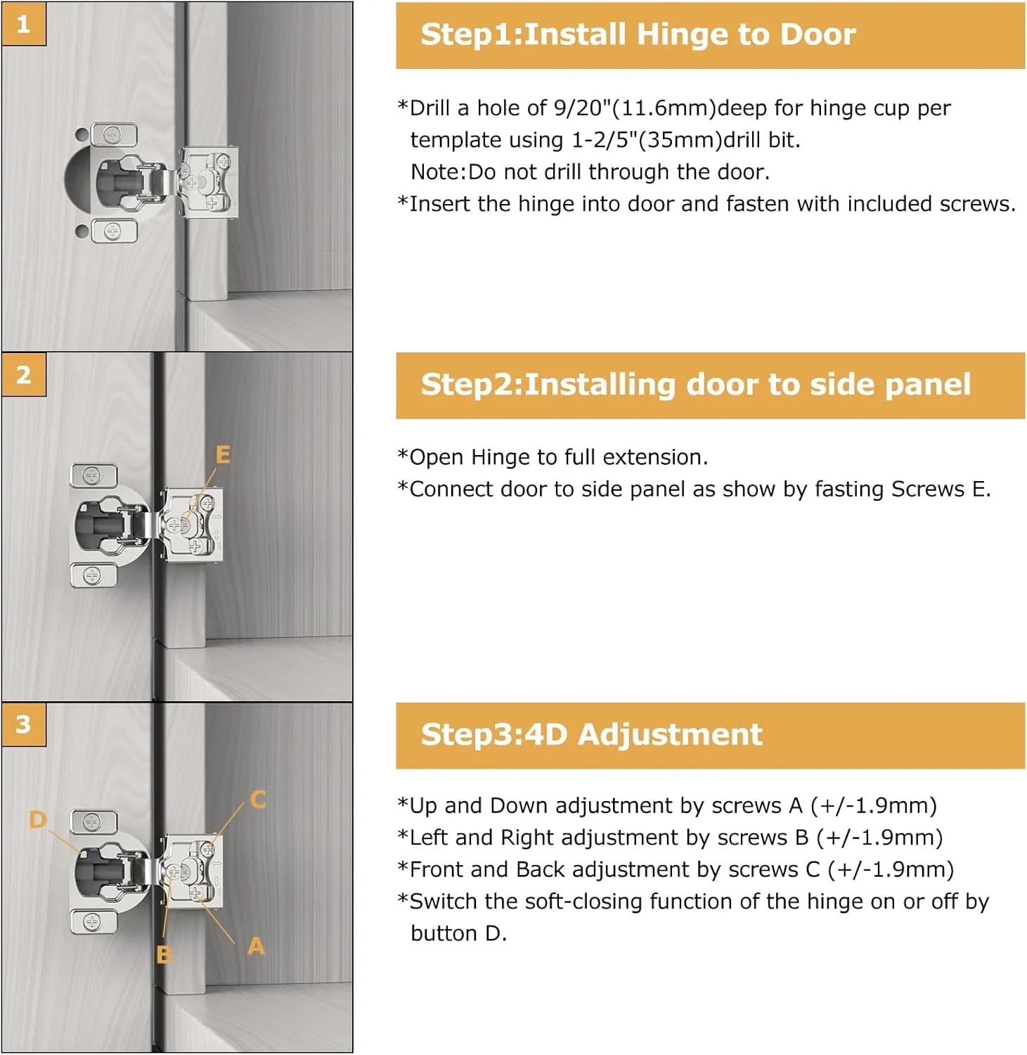 Furniware 20 Pieces 1/4" Small Overlay Concealed Face Frame Hinges, 105° Open Angle 4 Level Soft Close Screw On Compact Cabinet Hinge,for Face Frame Door, Soft Close On/Off Switch, Self Closing