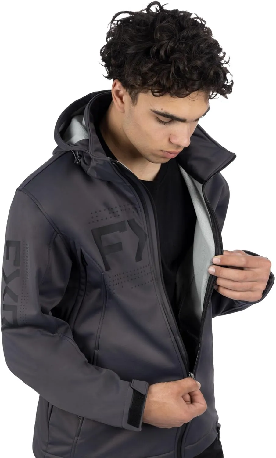 FXR Mens Helium Softshell Jacket HydrX Adjustable Hood/Hem Pockets Asphalt/Black