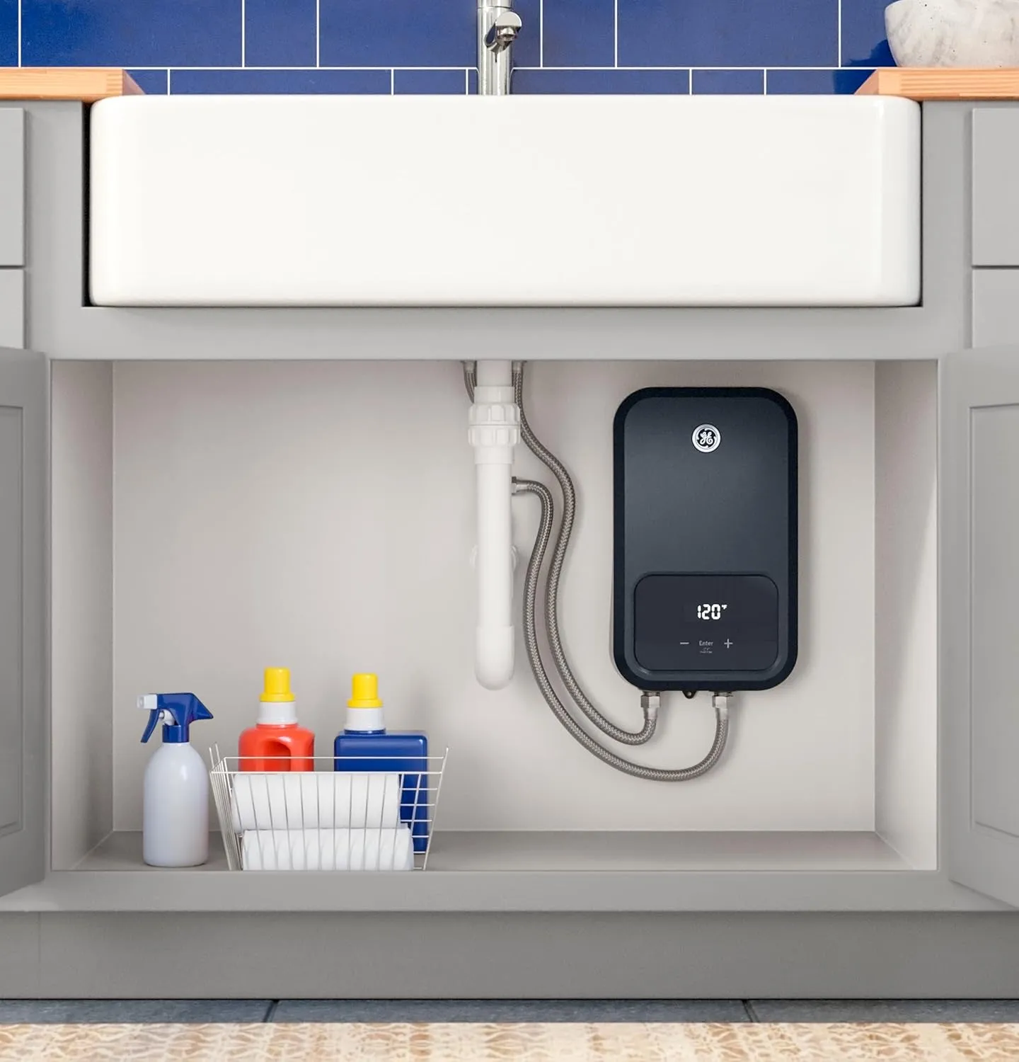 GE Appliances 8 kW, Medium Tankless Electric Water Heater for Kitchen, Bathroom or Laundry, Digital Touch Screen Temperature Control, 240v