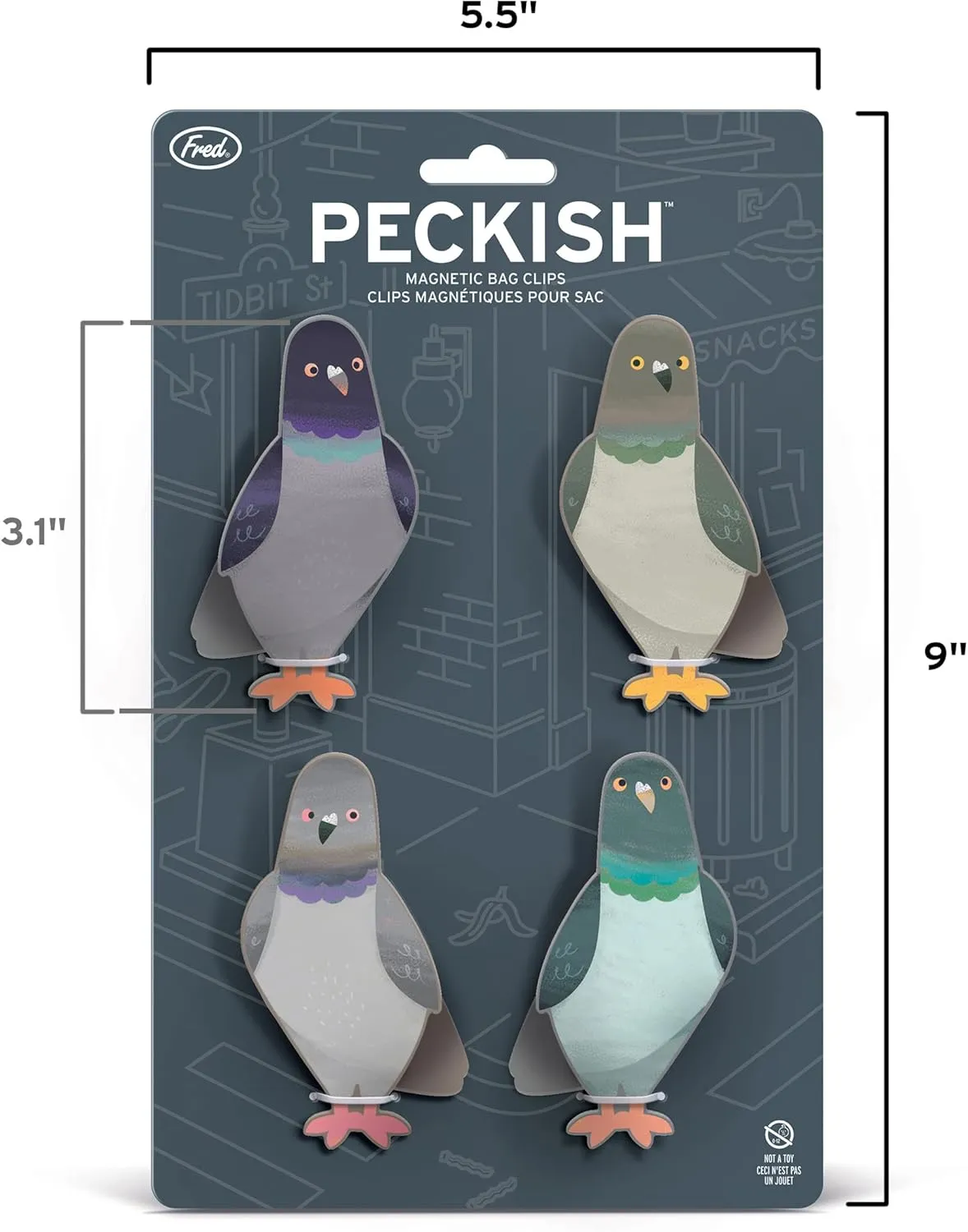 Genuine Fred PECKISH, Pigeon Magnetic Bag Clips, Set of 4, Chip Clips, Bag Clips for Food, or for use on the fridge