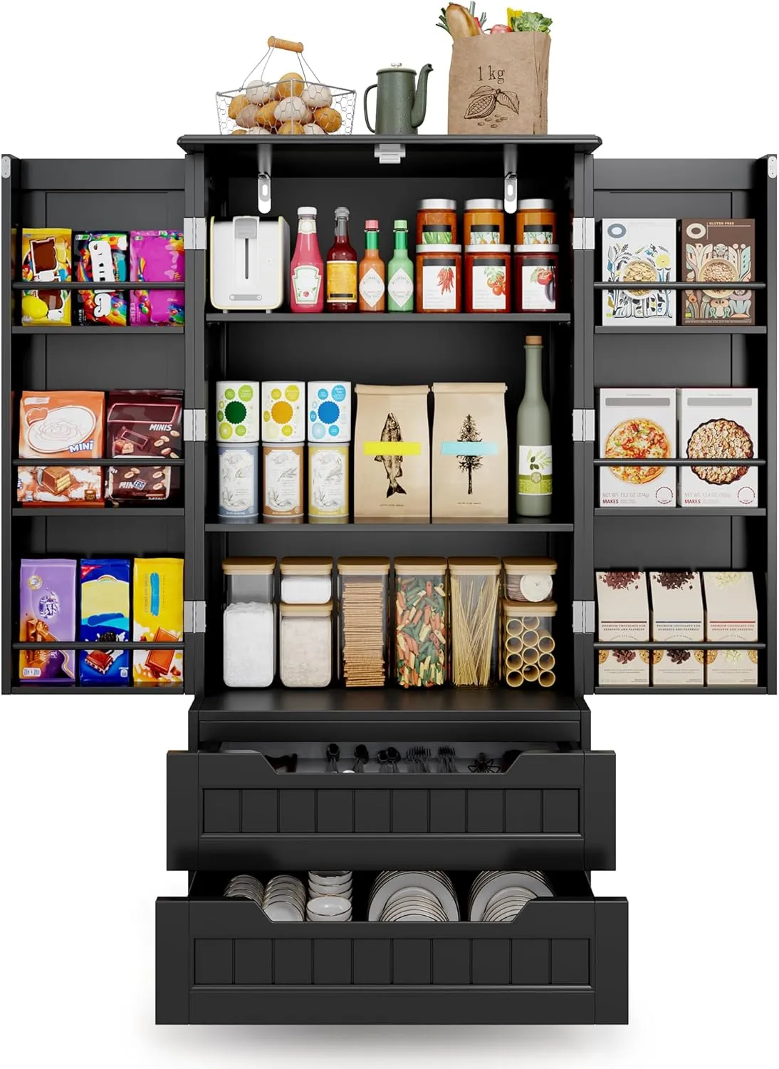 Gizoon 47" Kitchen Pantry Storage Cabinet with Drawers Freestanding Bathroom Storage Cabinets with Doors and Shelves, Small Food Pantry Cabinet for Dining Room Craft Room, Black