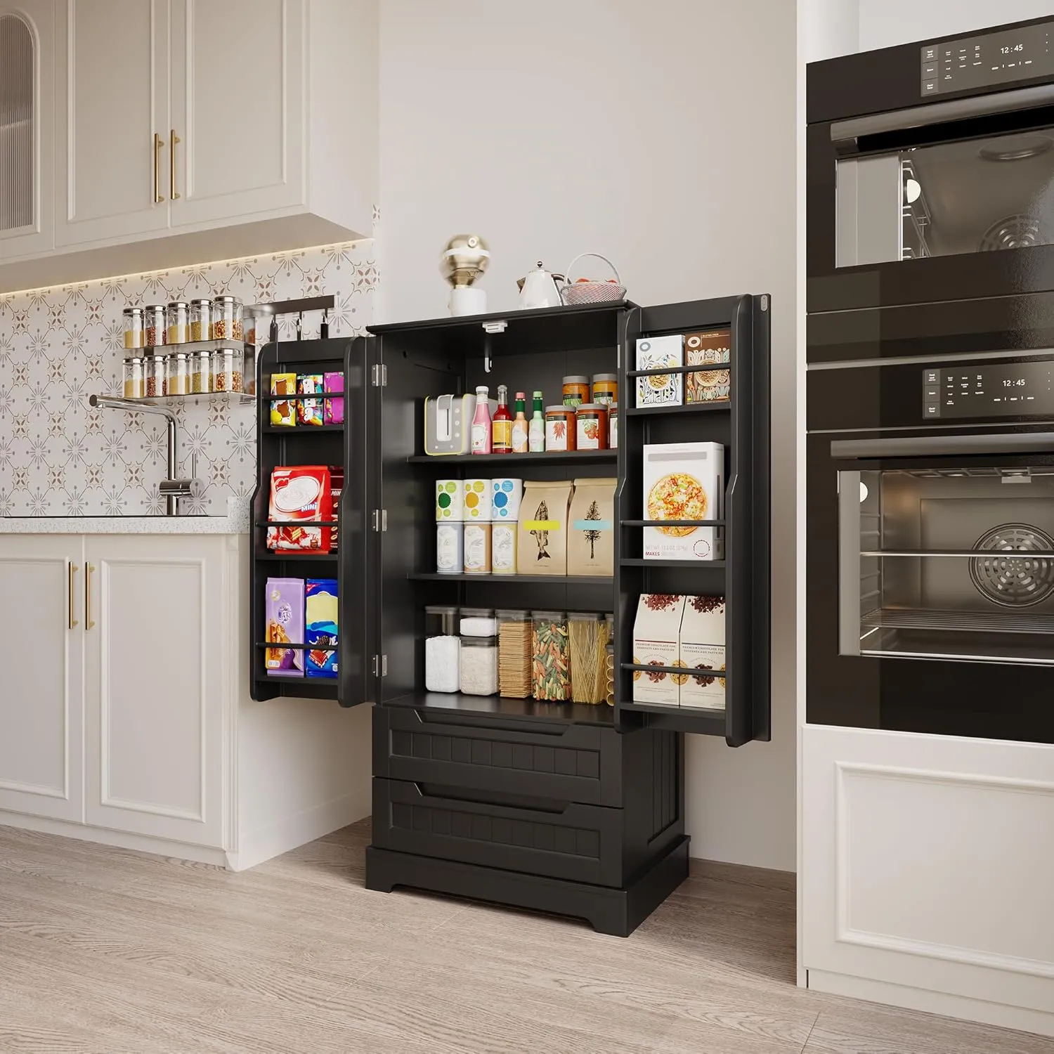 Gizoon 47" Kitchen Pantry Storage Cabinet with Drawers Freestanding Bathroom Storage Cabinets with Doors and Shelves, Small Food Pantry Cabinet for Dining Room Craft Room, Black