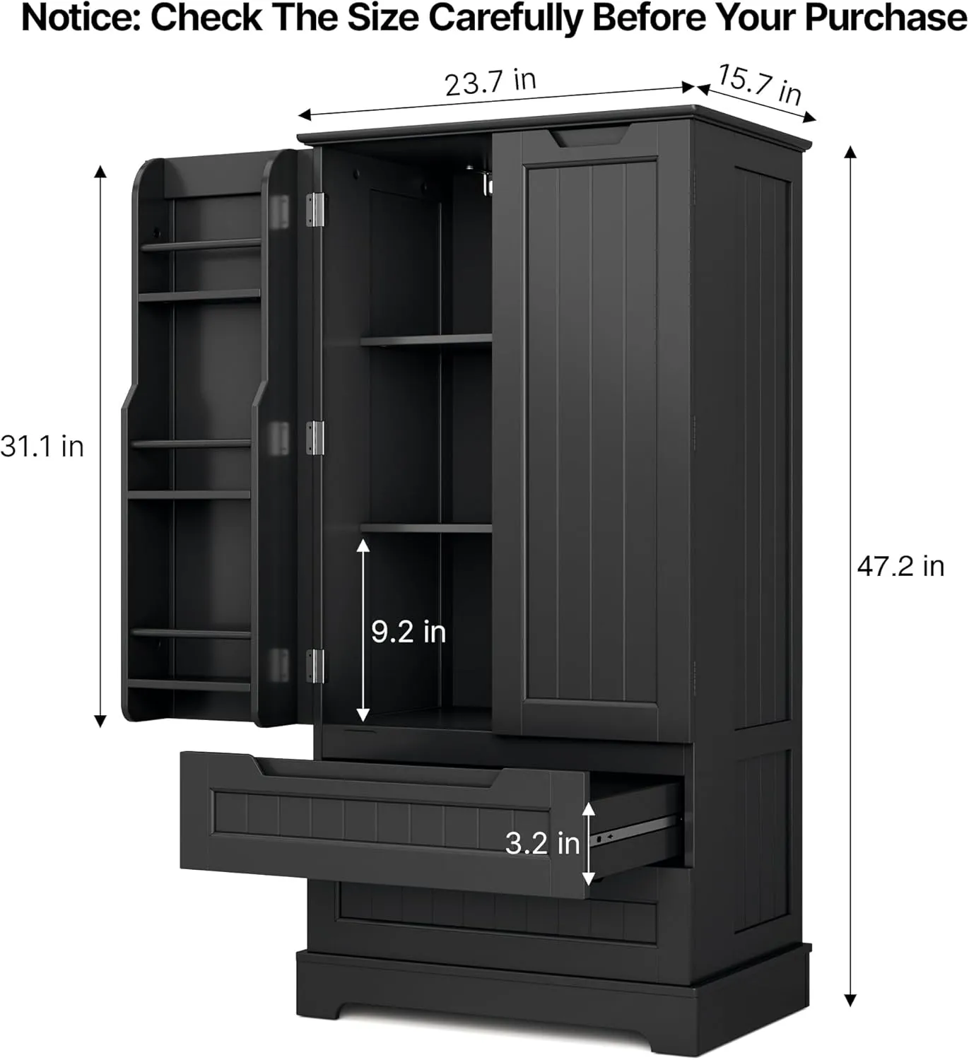 Gizoon 47" Kitchen Pantry Storage Cabinet with Drawers Freestanding Bathroom Storage Cabinets with Doors and Shelves, Small Food Pantry Cabinet for Dining Room Craft Room, Black