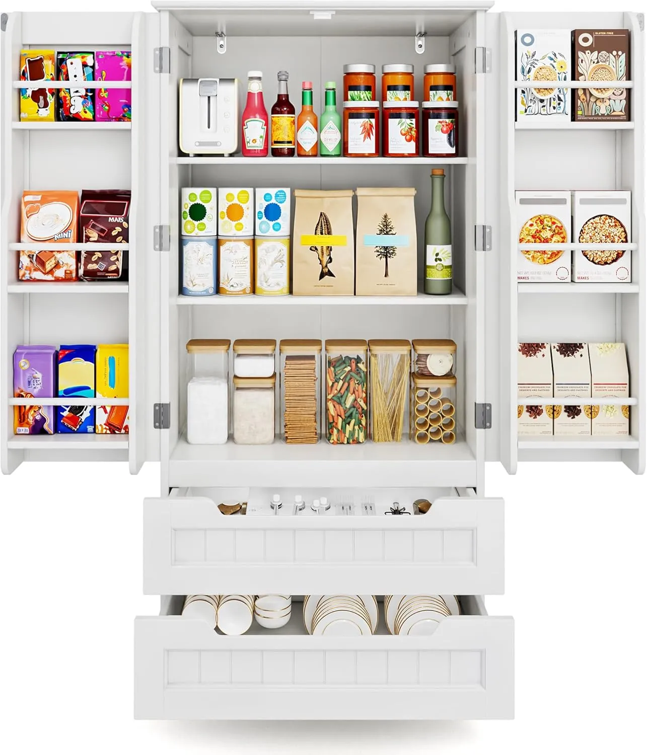 Gizoon 47" Kitchen Pantry Storage Cabinet with Drawers Freestanding Bathroom Storage Cabinets with Doors and Shelves, Small Food Pantry Cabinet for Dining Room Craft Room, White