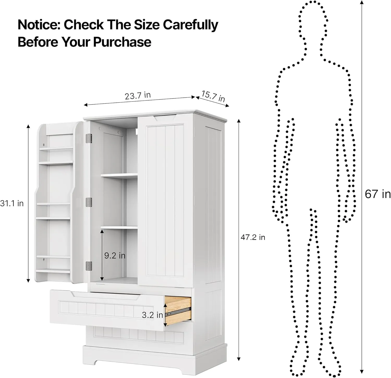 Gizoon 47" Kitchen Pantry Storage Cabinet with Drawers Freestanding Bathroom Storage Cabinets with Doors and Shelves, Small Food Pantry Cabinet for Dining Room Craft Room, White