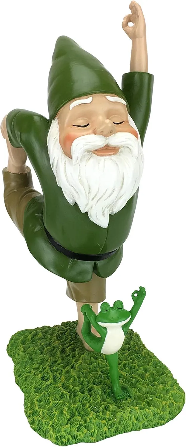 GlitZGlam Zen Gnome and Zen Frog - Lord of The Dance Pose – Tranquility and Peacefulness for Your Fairy Garden and Garden Gnomes 11” Inches Tall Miniature Gnome Figurine