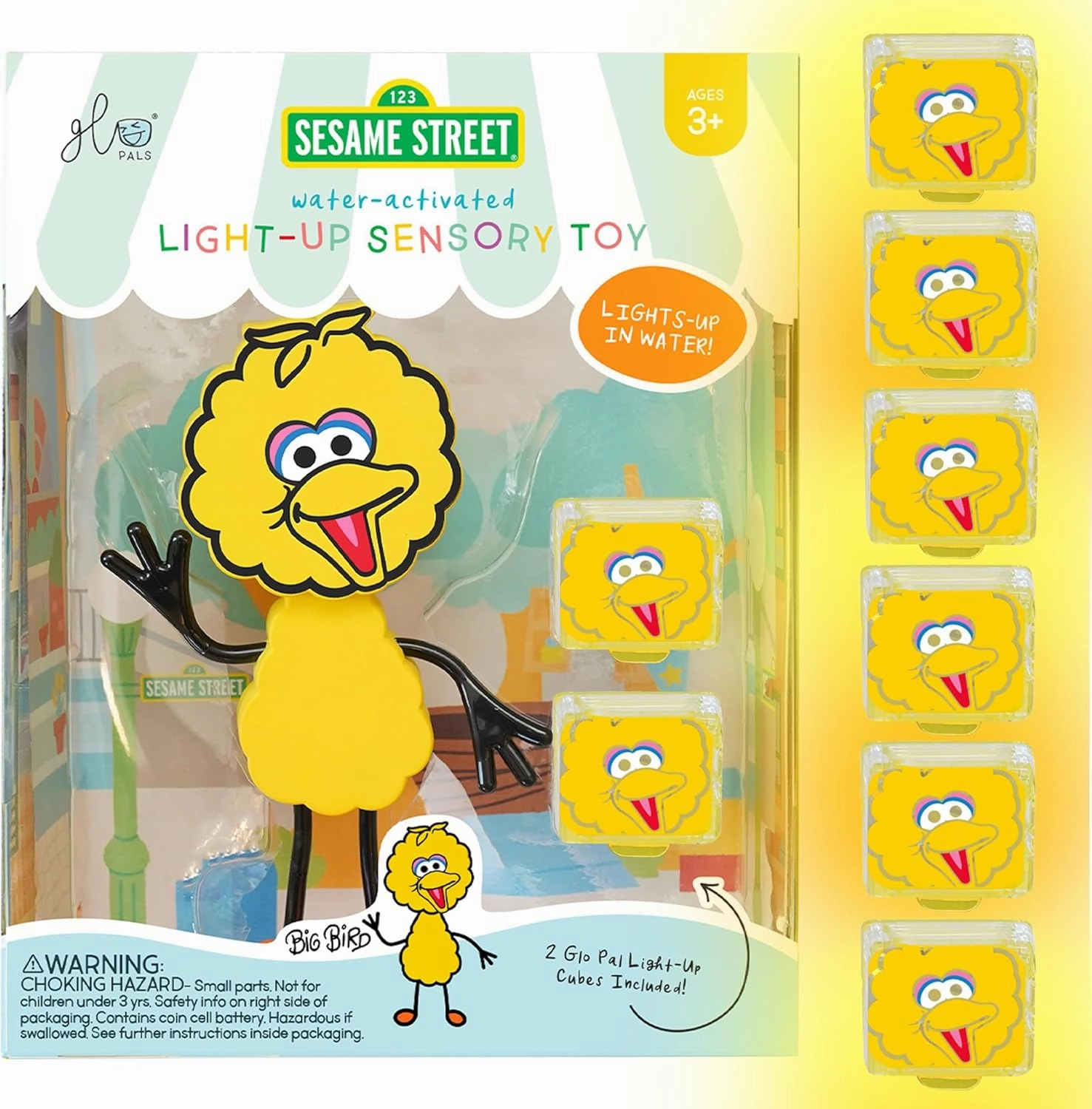 Glo Pals x Sesame Street Water-Activated Bath Toy with 6 Reusable Light-Up Cubes for Sensory Play (Big Bird, Cubes with Character)