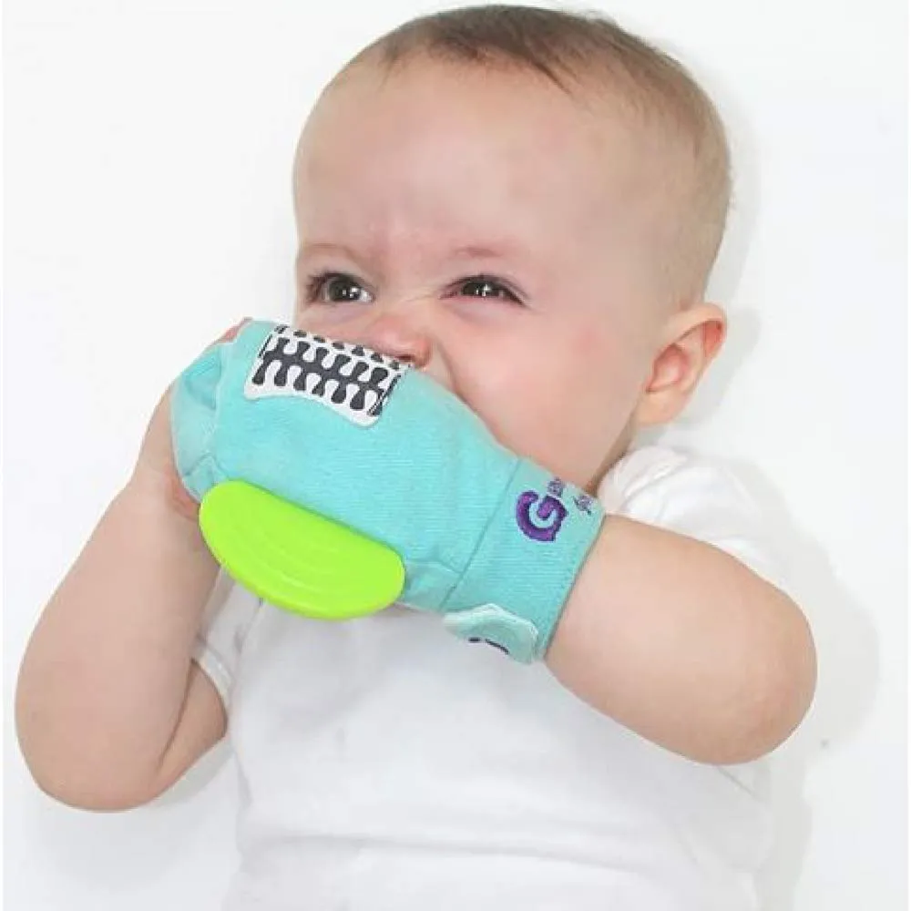 Glove Baby Teething Mitten 6 Months   Premium Quality Detachable Teether Ring and Travel Bag - Turquoise - Undroppable - Soothe Babies Painful Gums Naturally