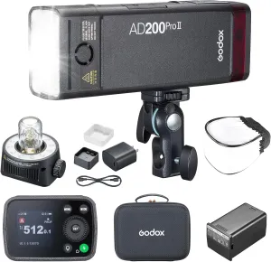 Godox AD200 Pro II AD200ProII Flash Strobe Updated 200Ws 1/512~1/1, 5800±200K Bi-Color TTL 1/8000s with 2.4G Wireless X System Bare Bulb/Speedlite Fresnel Flash Head Pocket Flash Monolight