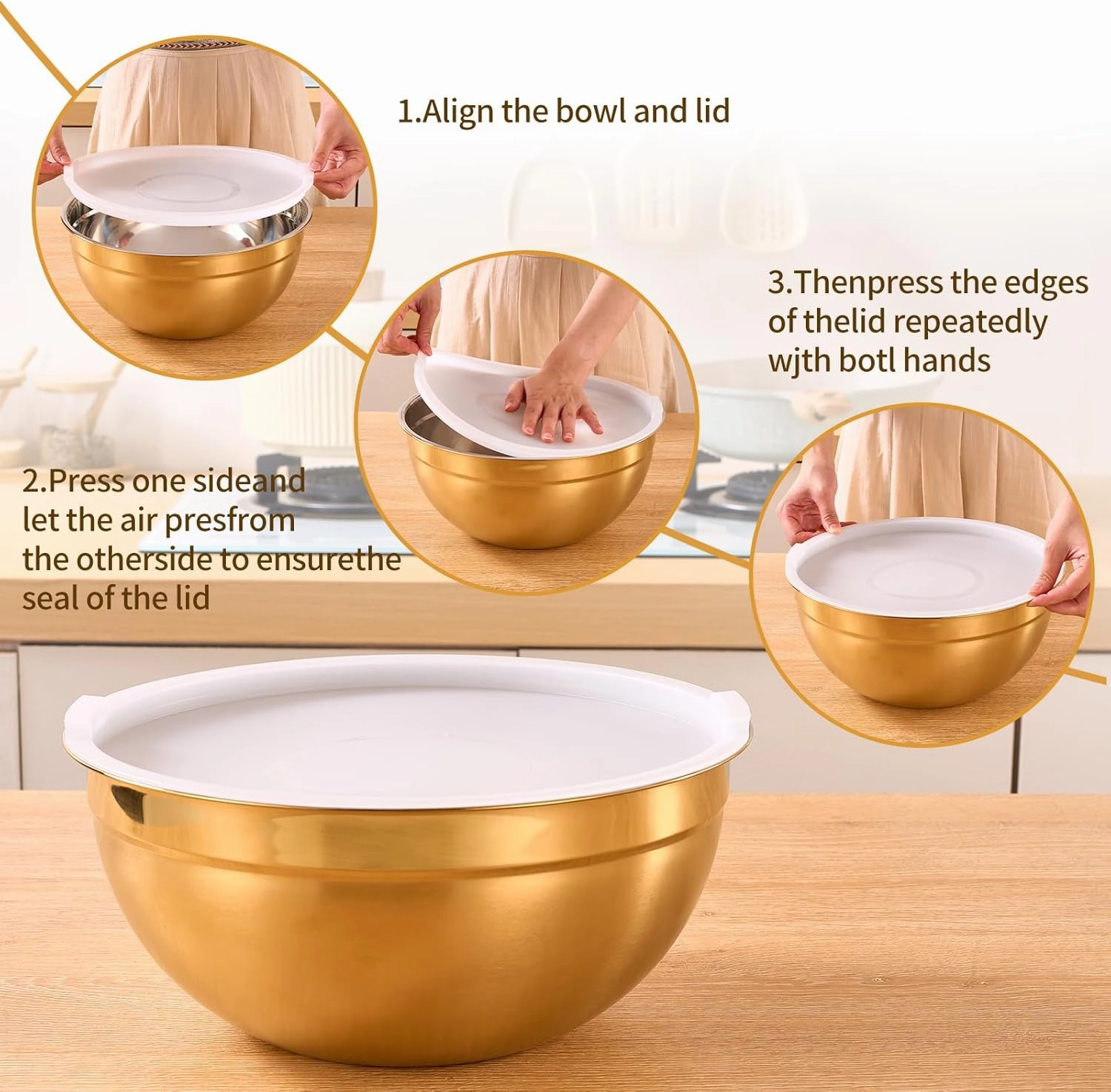 Gold Mixing Bowls With Airtight Lids,Stainless Steel Bowl,Salad Bowls 7 Piece Colorful Nesting Bowl Rainbow Kitchen Accessories,Size 7,3.6,2.7,2.1,1.5,1.1,0.8QT Stackable Design
