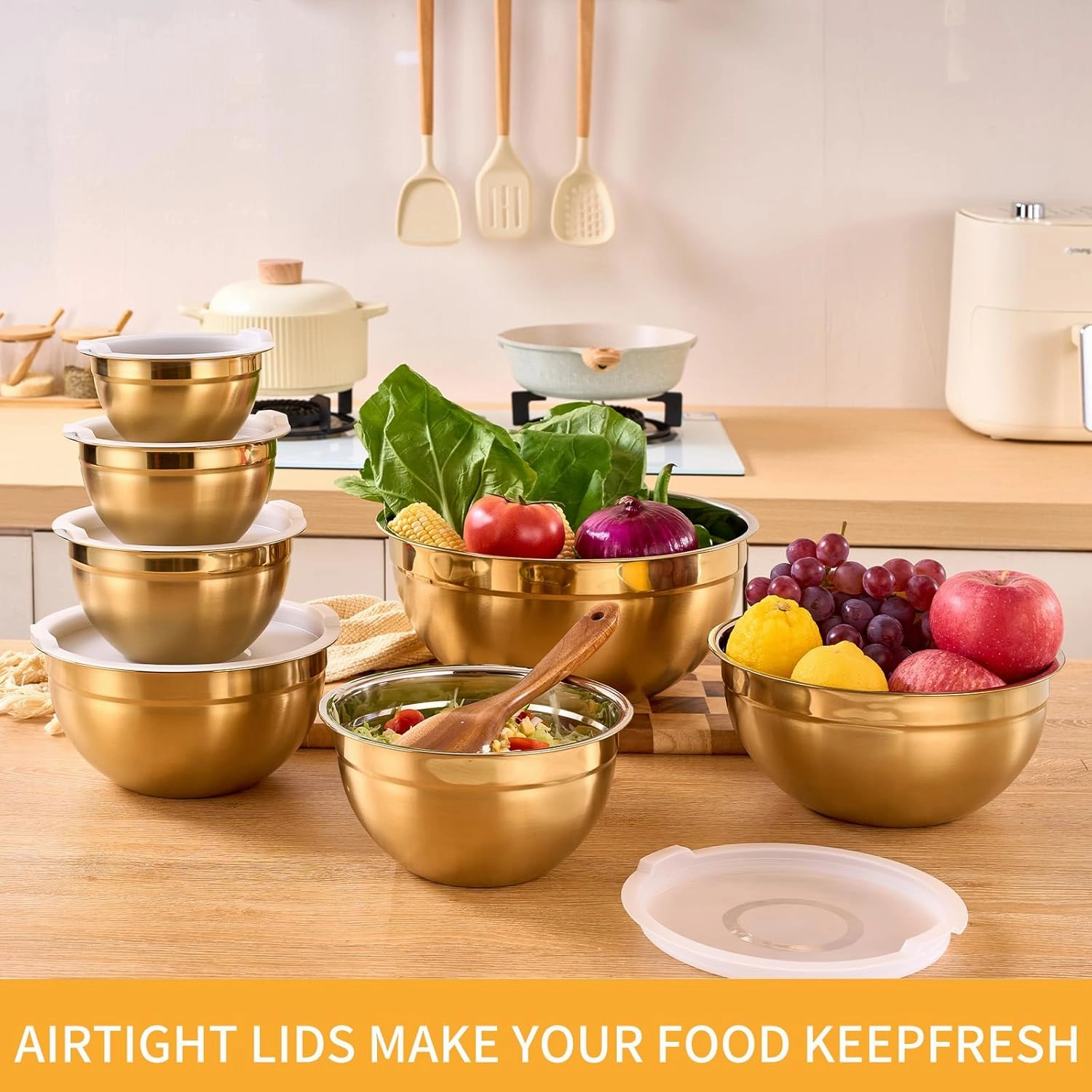 Gold Mixing Bowls With Airtight Lids,Stainless Steel Bowl,Salad Bowls 7 Piece Colorful Nesting Bowl Rainbow Kitchen Accessories,Size 7,3.6,2.7,2.1,1.5,1.1,0.8QT Stackable Design