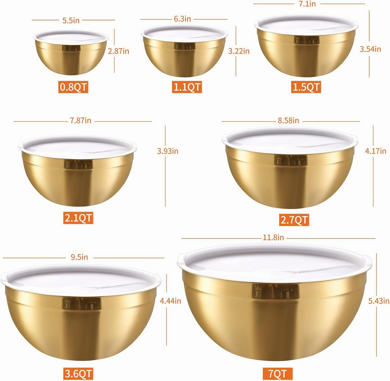 Gold Mixing Bowls With Airtight Lids,Stainless Steel Bowl,Salad Bowls 7 Piece Colorful Nesting Bowl Rainbow Kitchen Accessories,Size 7,3.6,2.7,2.1,1.5,1.1,0.8QT Stackable Design