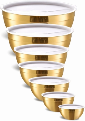 Gold Mixing Bowls With Airtight Lids,Stainless Steel Bowl,Salad Bowls 7 Piece Colorful Nesting Bowl Rainbow Kitchen Accessories,Size 7,3.6,2.7,2.1,1.5,1.1,0.8QT Stackable Design