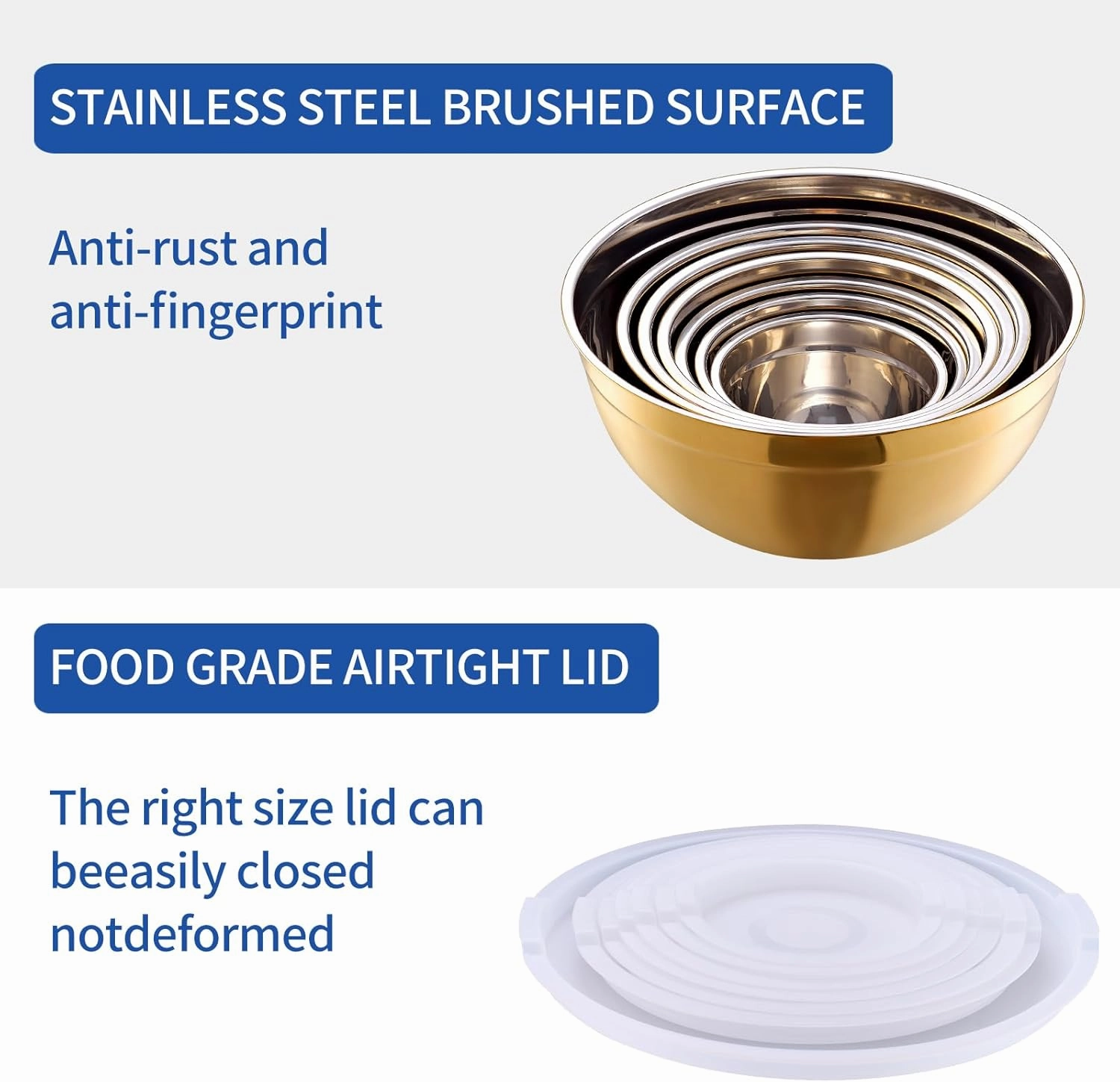 Gold Mixing Bowls With Airtight Lids,Stainless Steel Bowl,Salad Bowls 7 Piece Colorful Nesting Bowl Rainbow Kitchen Accessories,Size 7,3.6,2.7,2.1,1.5,1.1,0.8QT Stackable Design