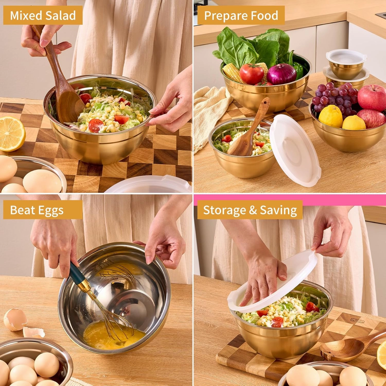 Gold Mixing Bowls With Airtight Lids,Stainless Steel Bowl,Salad Bowls 7 Piece Colorful Nesting Bowl Rainbow Kitchen Accessories,Size 7,3.6,2.7,2.1,1.5,1.1,0.8QT Stackable Design