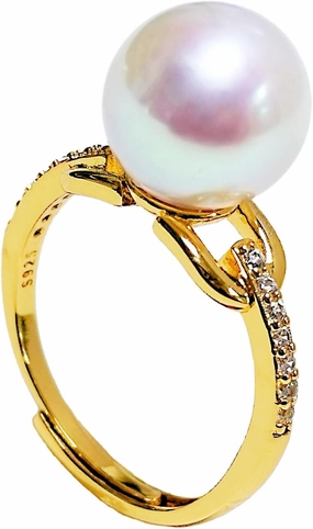 Gold Pearl Ring, 925 Sterling Silver 14K Gold 10-11mm Freshwater Genuine Pearl Jewelry Adjustable for Women Mother's Day