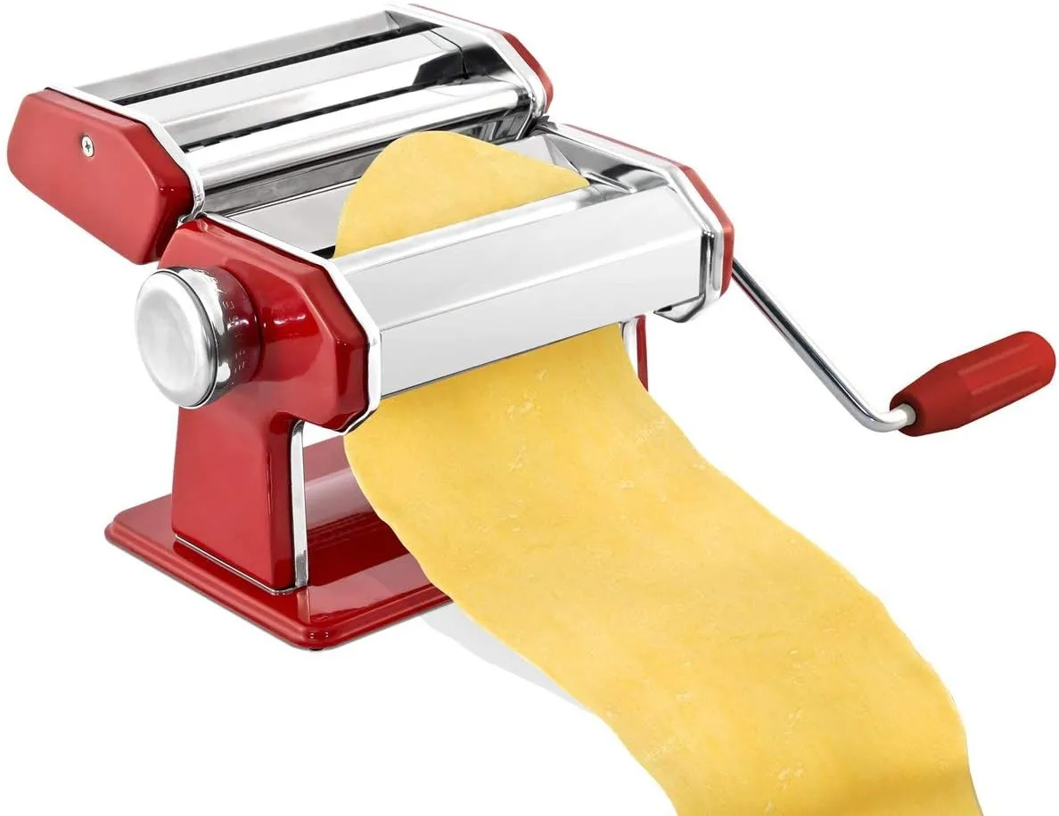 GOURMEX Stainless Steel Manual Pasta Maker Machine | With Adjustable Thickness Settings | Perfect for Professional Homemade Spaghetti and Fettuccini | Includes Removable Handle and Clamp (Red)