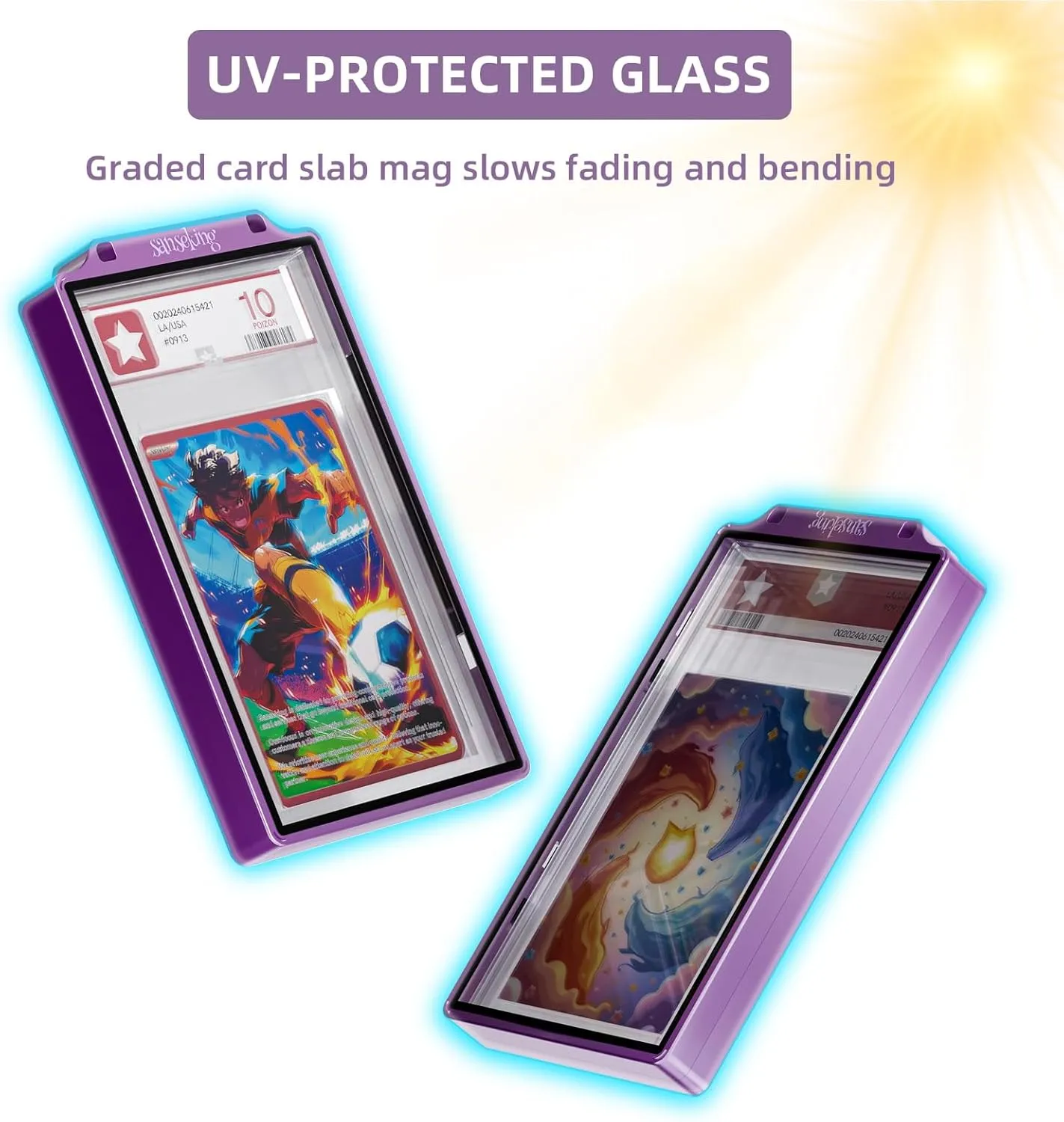 Graded Card Guard Case for PSA Slab Case for Graded Cards Metal Magnetic UV Protection Stackable Graded Card Slab Guard Glass Display Bumper Fit CGC, CSG and AGS Slabs Mags(Purple,130PT)