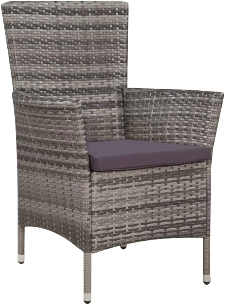 Gray Poly Rattan Outdoor Dining Chair with Stool and Cushions, Patio Furniture Set Water-Resistant PE Wicker Steel Frame for Garden Poolside Backyard