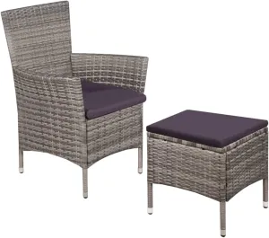 Gray Poly Rattan Outdoor Dining Chair with Stool and Cushions, Patio Furniture Set Water-Resistant PE Wicker Steel Frame for Garden Poolside Backyard