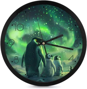 Green Aurora Borealis Penguin Wall Clock 10 Inch Silent Non-ticking Battery Operated Decorative Clock for Kitchen Bedroom