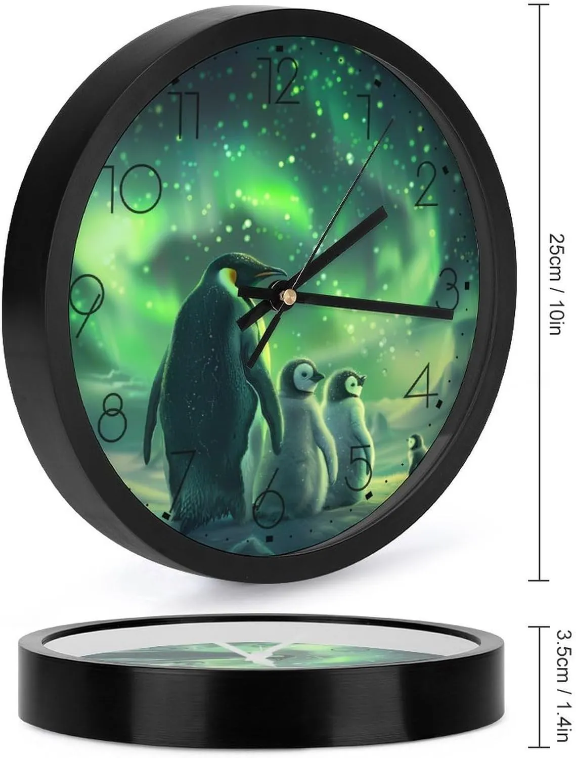 Green Aurora Borealis Penguin Wall Clock 10 Inch Silent Non-ticking Battery Operated Decorative Clock for Kitchen Bedroom