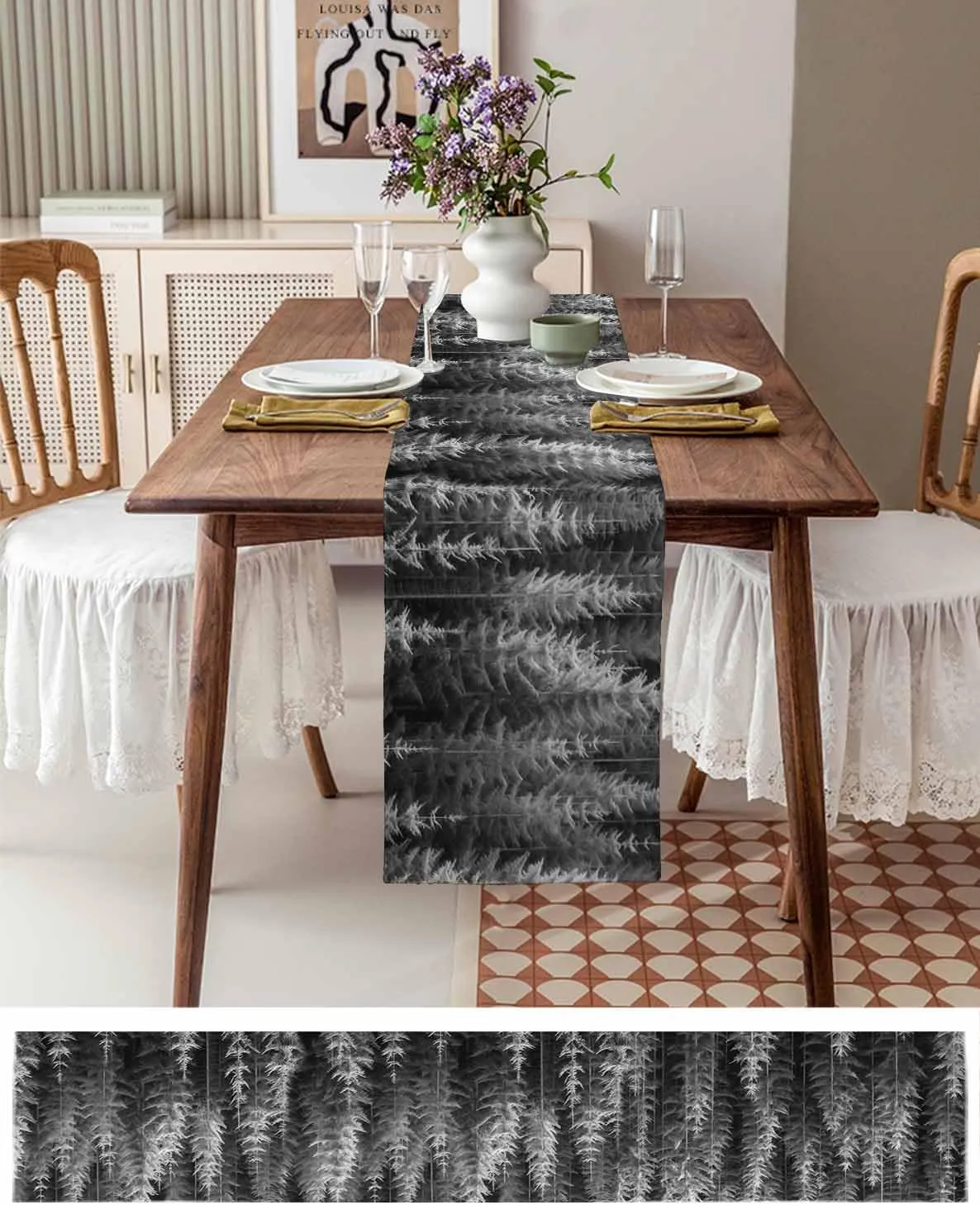 Grey Tree Table Runner-Cotton Linen- 36 Inch Holiday Dresser Scarves, Retro Abstract Forest Contemporary Landscape Tablerunner for Kitchen Coffee/Dining Bedroom Living Room Dinner Scarf Décor 13x36