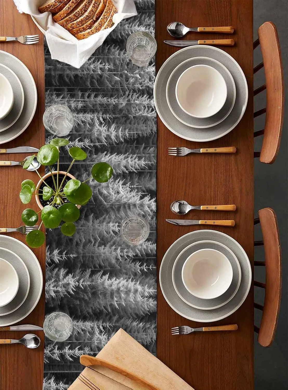 Grey Tree Table Runner-Cotton Linen- 36 Inch Holiday Dresser Scarves, Retro Abstract Forest Contemporary Landscape Tablerunner for Kitchen Coffee/Dining Bedroom Living Room Dinner Scarf Décor 13x36