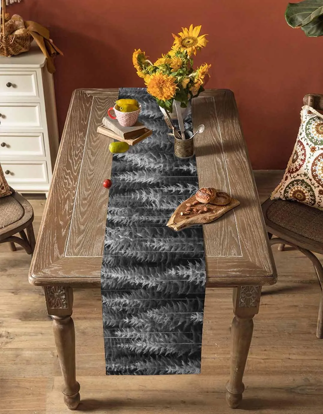 Grey Tree Table Runner-Cotton Linen- 36 Inch Holiday Dresser Scarves, Retro Abstract Forest Contemporary Landscape Tablerunner for Kitchen Coffee/Dining Bedroom Living Room Dinner Scarf Décor 13x36