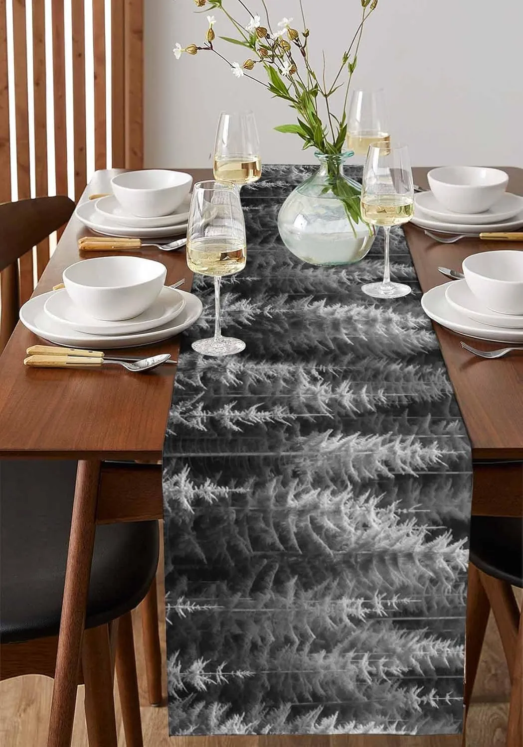 Grey Tree Table Runner-Cotton Linen- 36 Inch Holiday Dresser Scarves, Retro Abstract Forest Contemporary Landscape Tablerunner for Kitchen Coffee/Dining Bedroom Living Room Dinner Scarf Décor 13x36