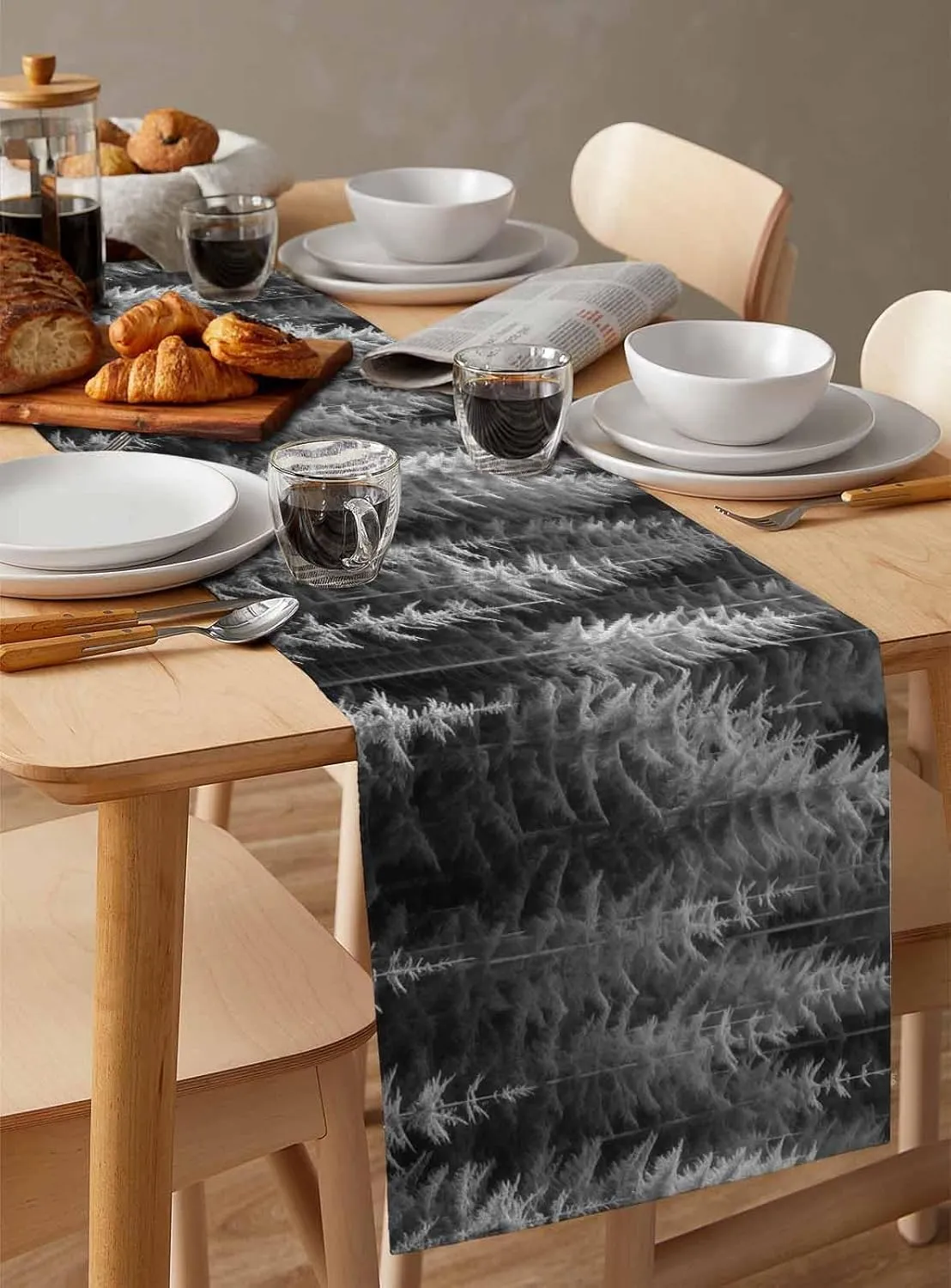 Grey Tree Table Runner-Cotton Linen- 36 Inch Holiday Dresser Scarves, Retro Abstract Forest Contemporary Landscape Tablerunner for Kitchen Coffee/Dining Bedroom Living Room Dinner Scarf Décor 13x36