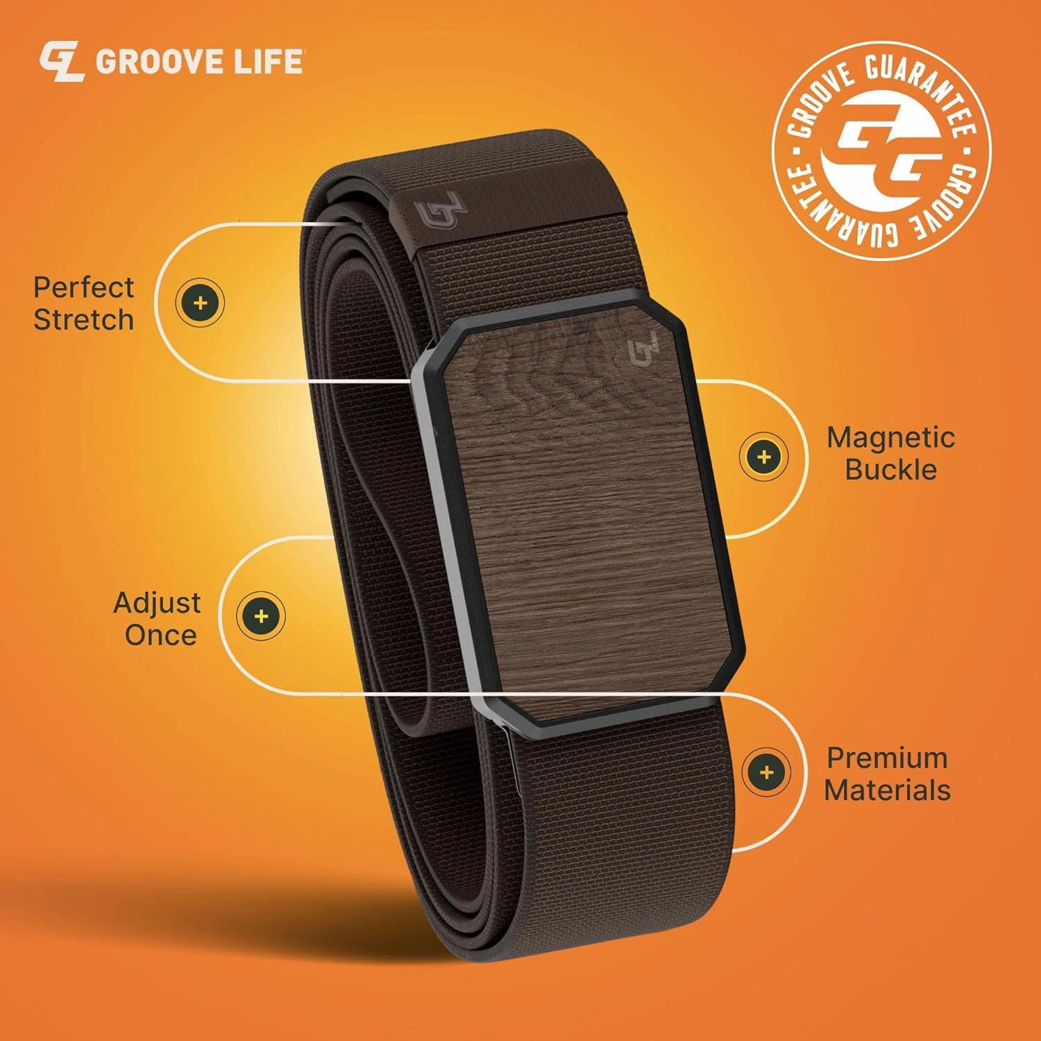 Groove Life Groove Belt Men's Stretch Nylon Belt with Magnetic Aluminum Buckle, Lifetime Coverage