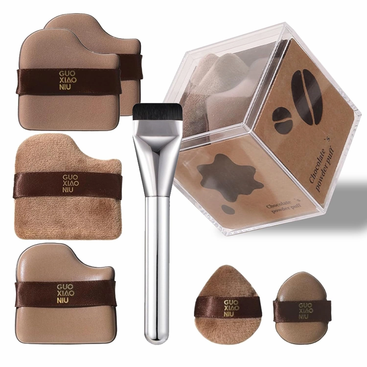 Guo Xiao Niu Makeup Puff, 1 Box Of 6 Pcs Guoxiaoniu Chocolate Color Quick Makeup Foundation Puff Set, Foundation Puff Set, Mini Powder Blusher Puffs Set (3 set)