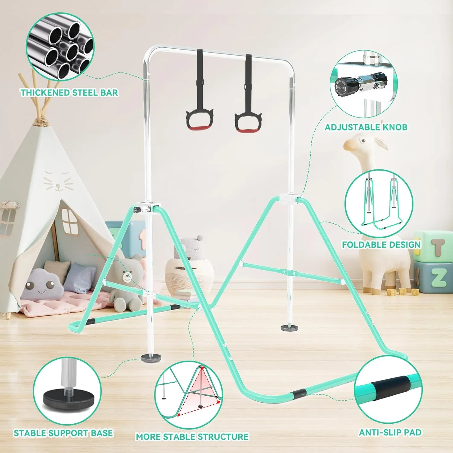 Gymnastics Bar for Kids with Gymnastics Rings, Height Adjustable Gymnastics Horizontal Bar, Foldable Bar Gymnastics Equipment for Home Room Indoor Outdoor Gym Practics, Gymnastic Bar